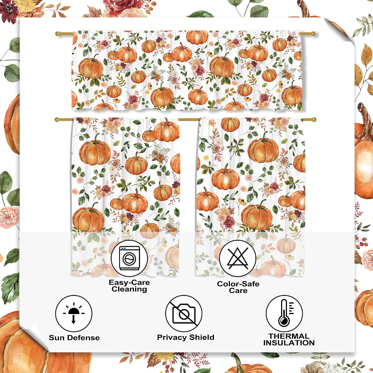 Fall Pumpkins Kitchen Curtains for Windows, Pumpkins Kitchen Decor Curtains and Valances Set Farmhouse, Rod Pocket 2 Panels (27x36) + Tier (54x18) Set for Living Room