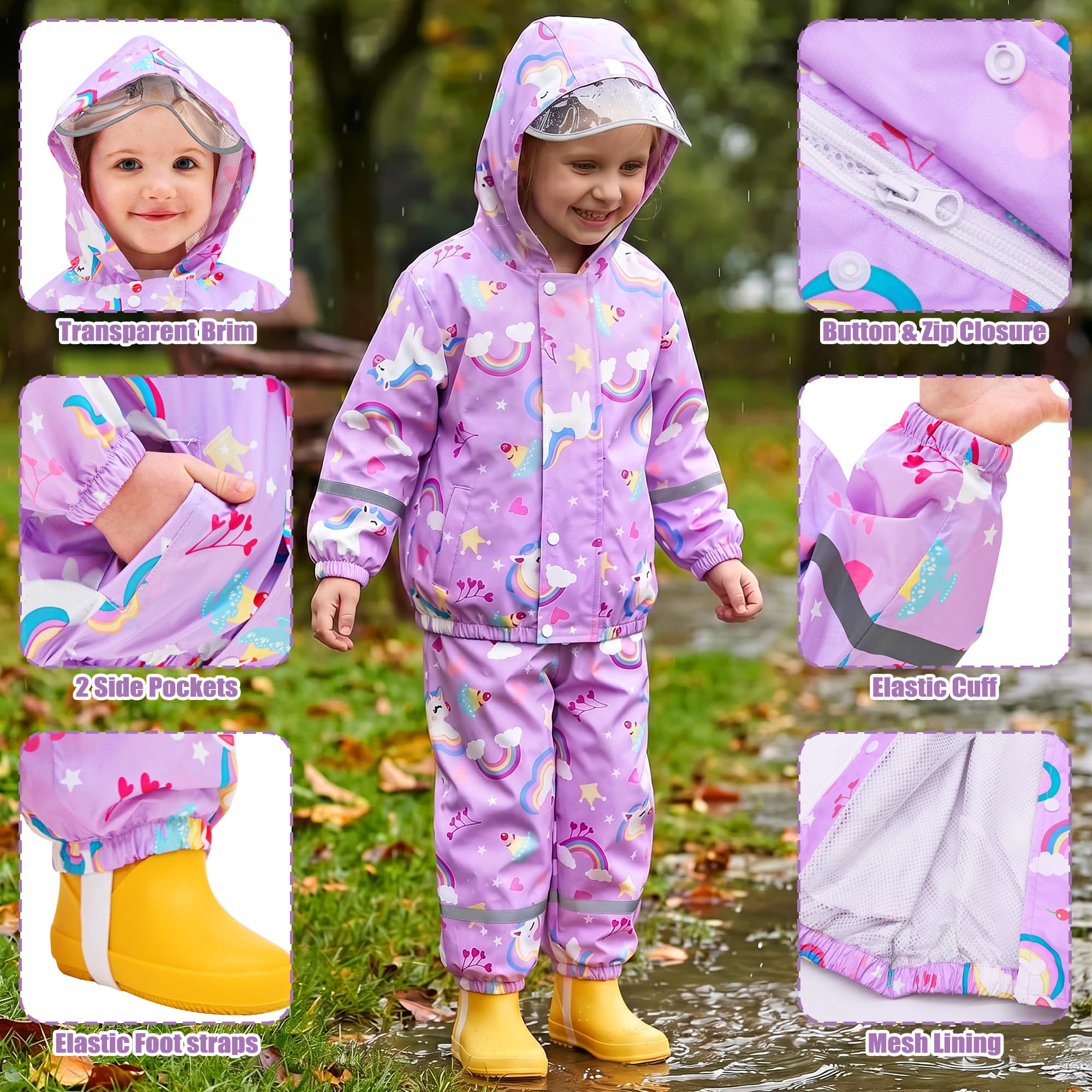 Traje de Lluvia Impermeable para Niñas, Conjunto de Chaqueta y Pantalón de Lluvia Ligero, Exteriores Impermeables Unicornio Abrigos con Capucha, Antiviento Chubasquero para 1-7 años