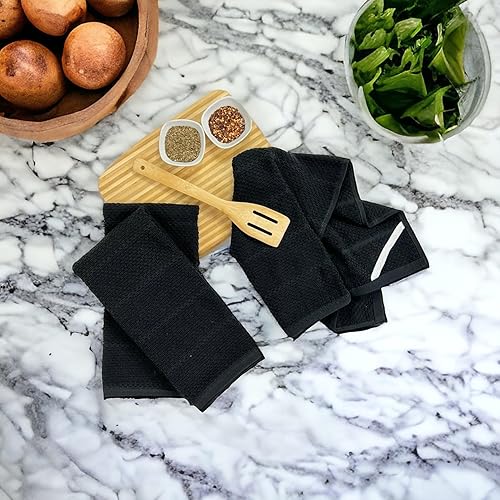 Miniatura 18 de Toallas de cocina verde salvia: 100% algodón paño de limpieza suave secado absorbente textura Terry Loop, juego de 3 multiusos para uso diario Negro