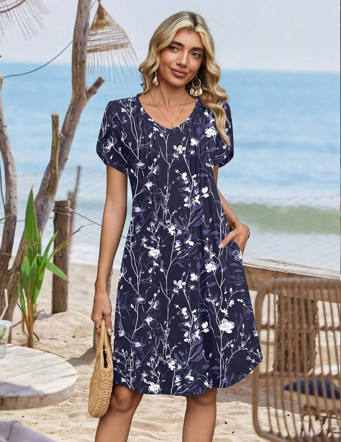 Zeagoo Summer Dresses for Women Casual A Line Dress 2026 V Neck Short Dresses Floral Sundress Pleated Boho Dress - Image 5