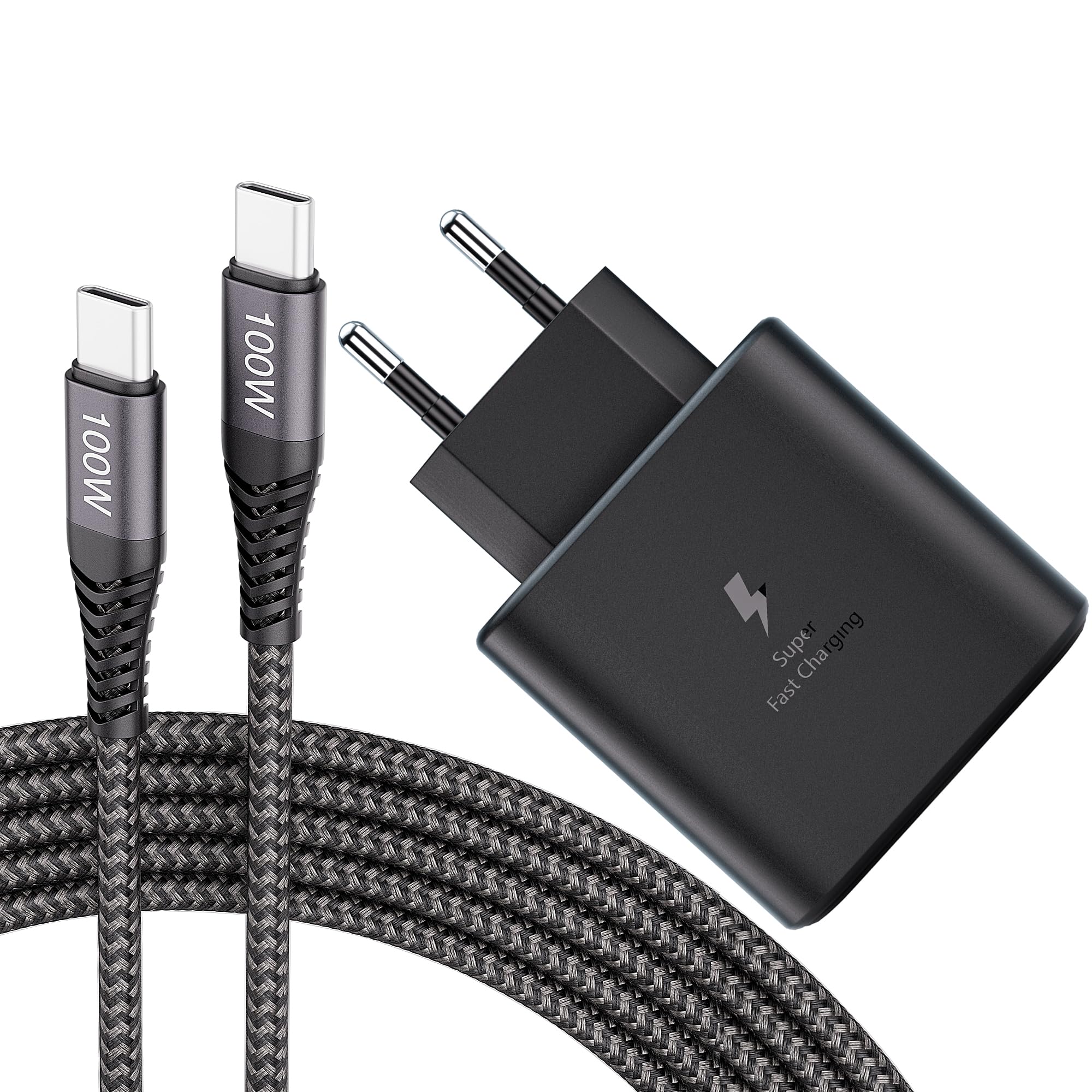 45W USB C Ladegerät Schnellladegerät für Samsung Galaxy S25, S25+, S24+, S23+, S22 S23 S24 S25 Ultra, S21FE, S20, Note10+, Tab S10 S9 S8 Ultra, S9+, S8+, S7FE, mit 100W Nylon Ladekabel USB-C 5A 2M