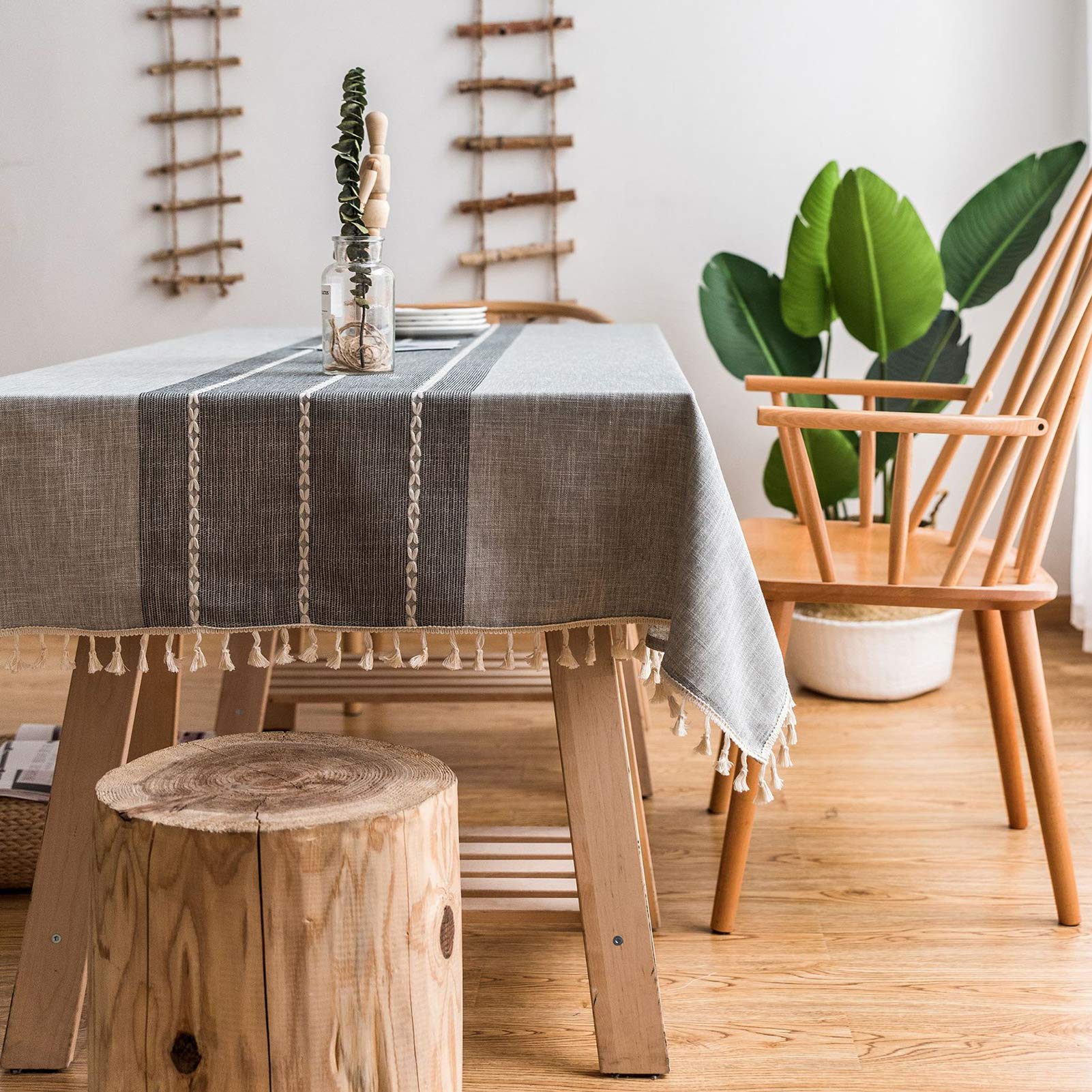 VedouciSquare Stitching Tassel Tablecloth Heavy Weight Polyester Fabric Dust-Proof Table Cover for Kitchen Dining Table Top Decoration(Square,55''x55'',4 Seats, Gray)