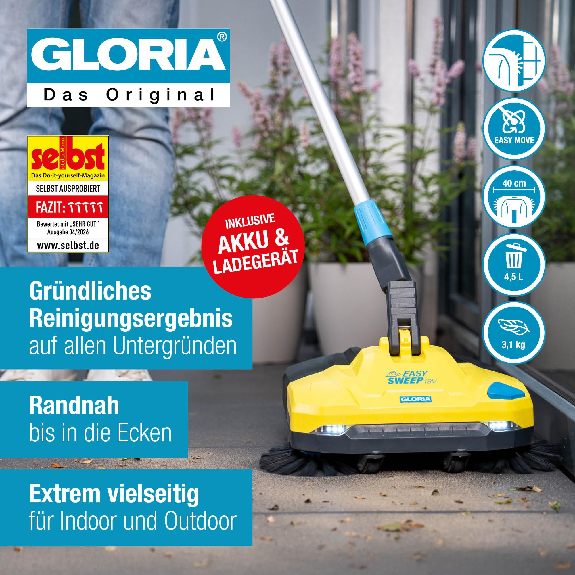 GLORIA Akku-Kehrmaschine EasySweep 18V inkl. Bosch 18V Akku | Elektrischer Akkubesen & Kehrbesen für Indoor & Outdoor | Einfahrt, Gehweg, Terrasse, Garage & Laub | 40 cm Arbeitsbreite & 4,5L Behälter