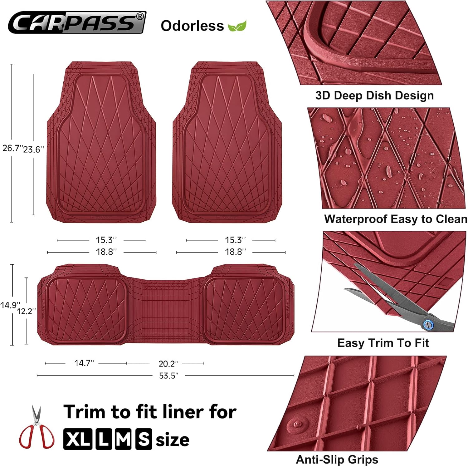 CAR PASS Heavy Duty Rubber Car Floor Mats, Waterproof Universal Trim-to-Fit Car Mats All Weather Floor Mats for SUV Truck Sedan, Premium Auto Floor Mats Full Set 3 Piece Anti-Slip, All Burgundy Red - Image 4