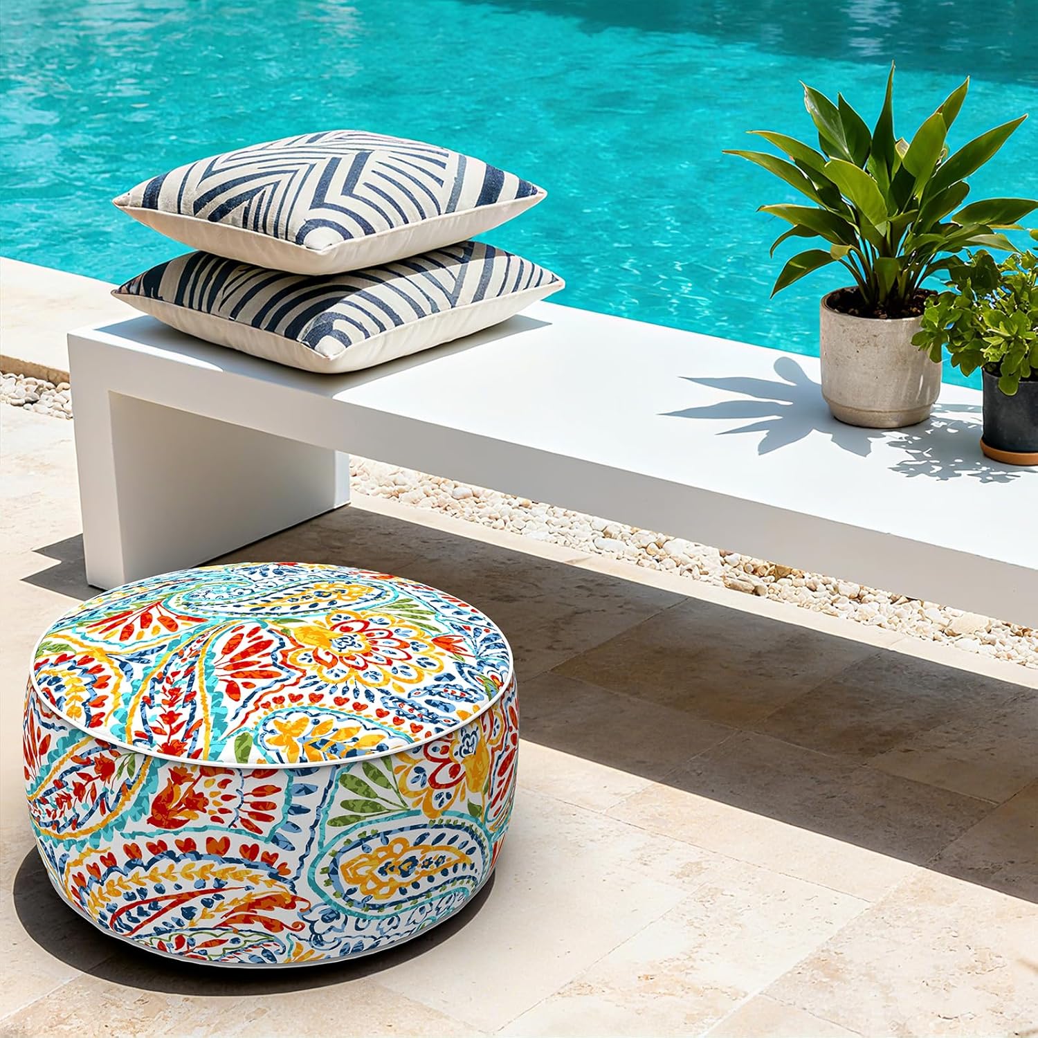 LVTXIII Indoor/Outdoor Inflatable Ottoman with Handle D21 x H9 Inch, Weather-Resistant Round Footstool Pouf for Patio Camping Living Room, Portable Footrest Extra Seating, Paisley Ummi Multi