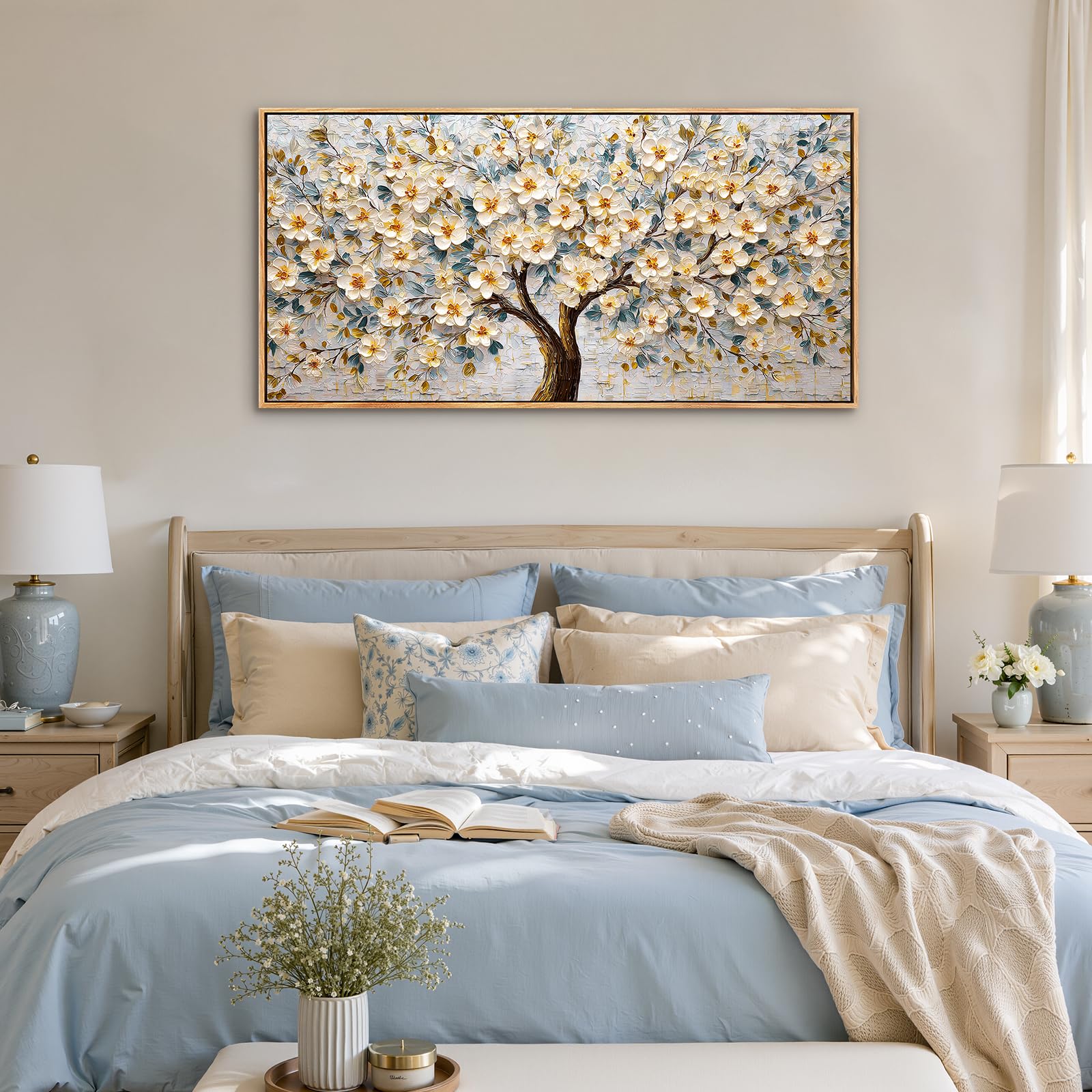 SERIMINO Natürliche Wandbild mit Rahmen Baum des Lebens Bilder 73x146 cm | Weissgoldene Blüten Wanddeko, Hochauflösender Druck, Leinwand Holzrahmen, Einfache Montage, Als Geschenk Geeignet