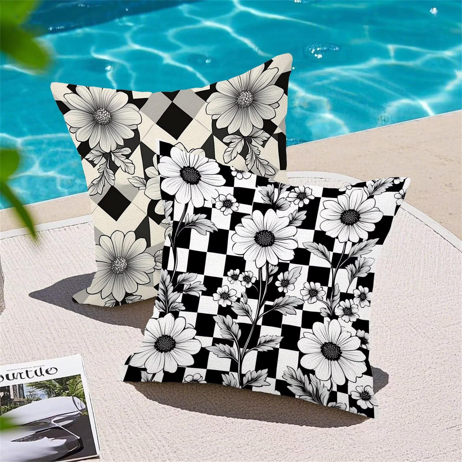 Fundas Cojines 70 x 70 cm Juego de 4 Cojines Exterior, Negro Flores (3) Lino Impermeable Sofa Fundas Cojin de para Sofá, Sala, Estar, Jardín, Coche, Decoración Del Hogar, con Cremallera Oculta m-263