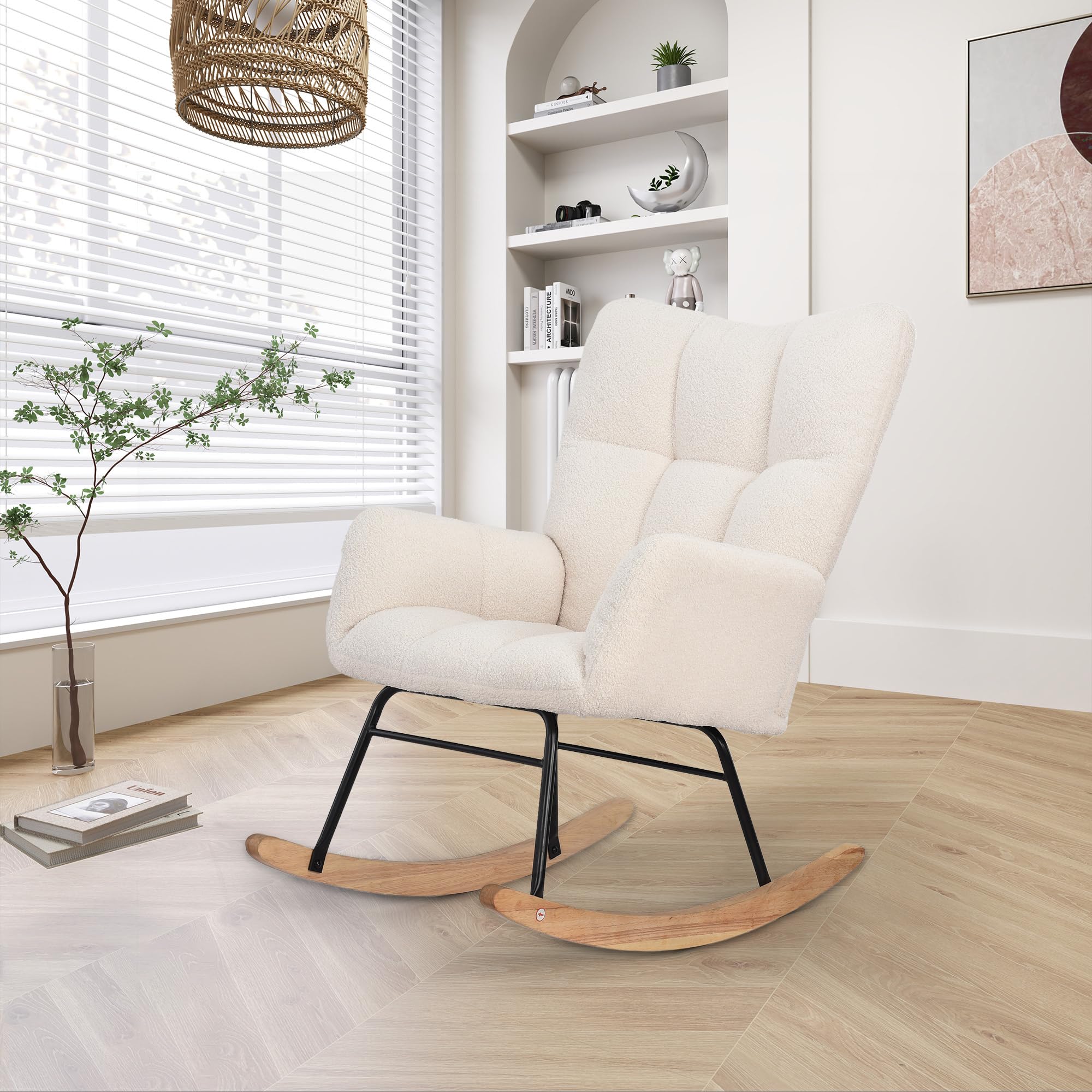 MEXUS Chaise à Bascule, Coussin en Laine à Dossier Haut, Chaise Longue Moelleuse et Chaise d'allaitement, Convient au Salon, à la Chambre, à la Chambre de bébé et à la Salle de Lecture, Beige