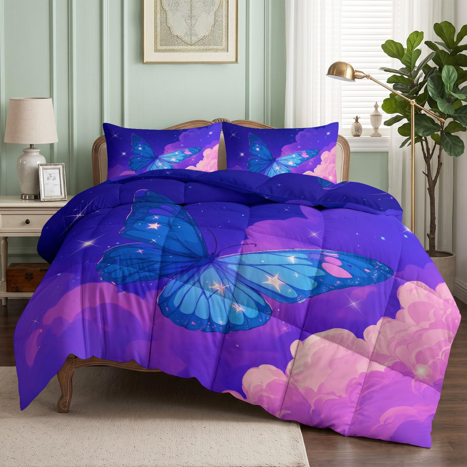 Bettdecken-Set mit Traumhaft Nachthimmel Fantasie Schmetterling Muster, Einzelbett Sternenhimmel Nachtansicht 3 Teilig Bettwäsche-Set Steppdecke mit 2 Kissenbezug für Schlafzimmer als Sofaüberwurf