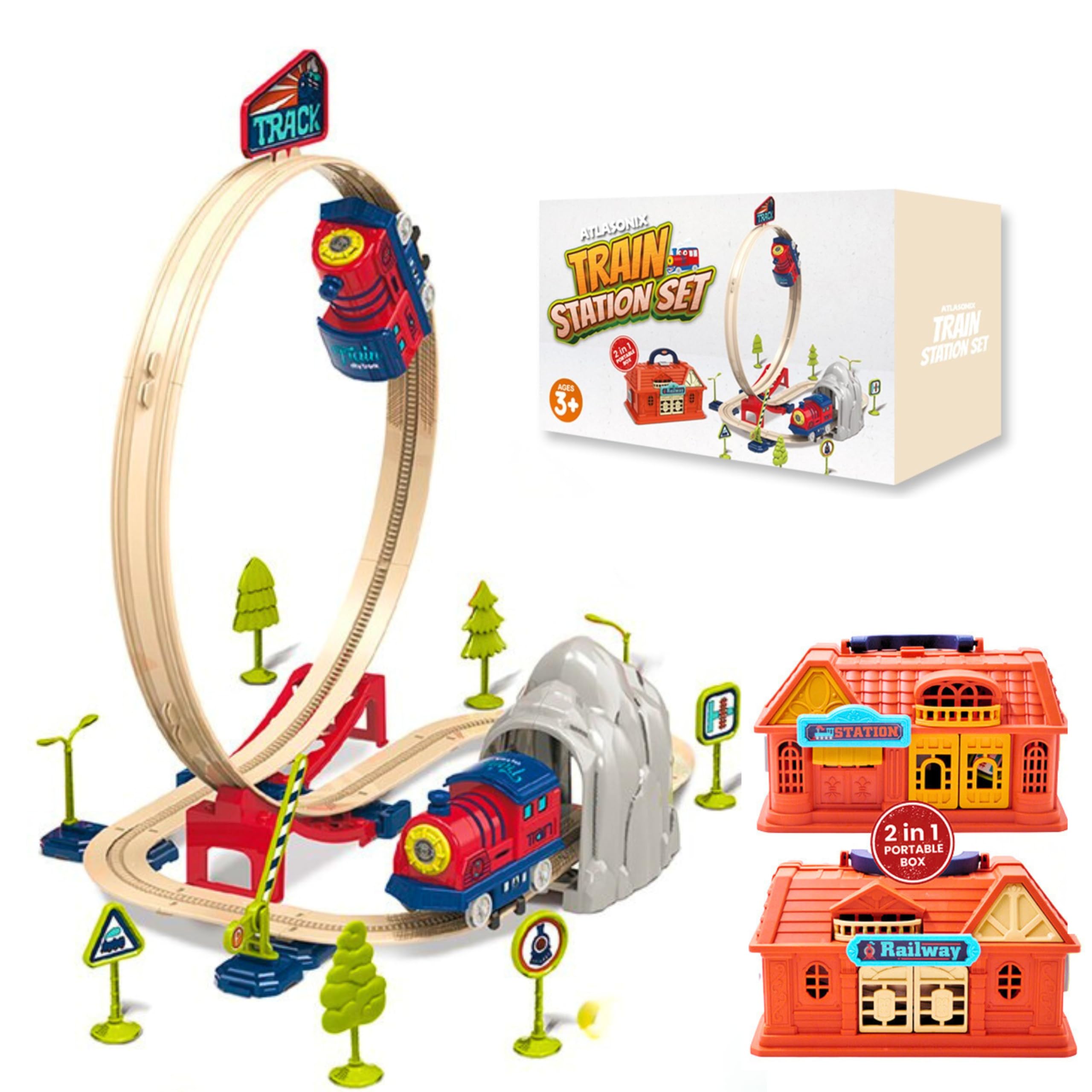 Train Toys for Toddlers 3-5 | Electric Train Set for Kids - Toy Train, Railway Station with Loop, Bridge & Signs - Montessori Educational Fun Trains