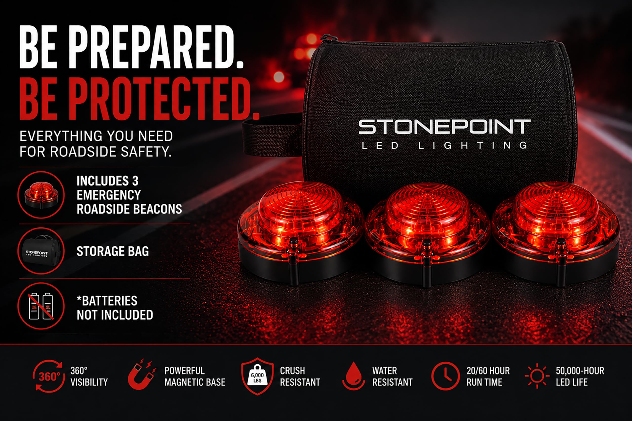 First Alert - Luces LED Rojas de Emergencia para Carretera, Juego de 3 Luces con Bolsa de Almacenamiento