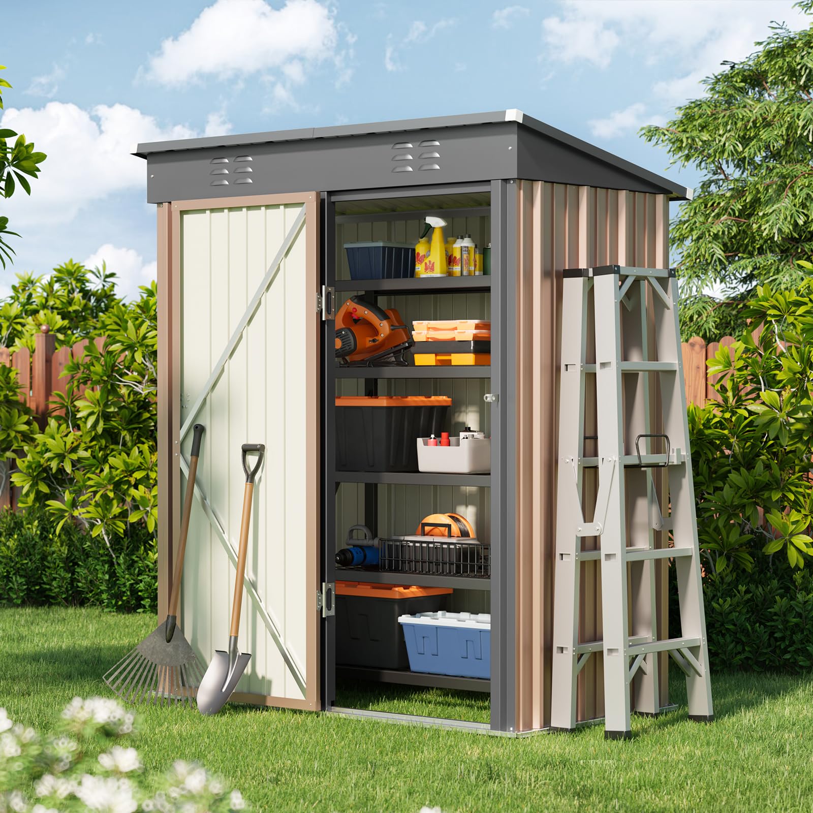 Bealife Cobertizo de jardín para Almacenamiento de Herramientas 180 x 162 x 95 cm, Caseta de Jardín, Cobertizo Exterior, Cobertizo de Almacenamiento Exterior, Cobertizo para Patio, césped (Marrón) - 5