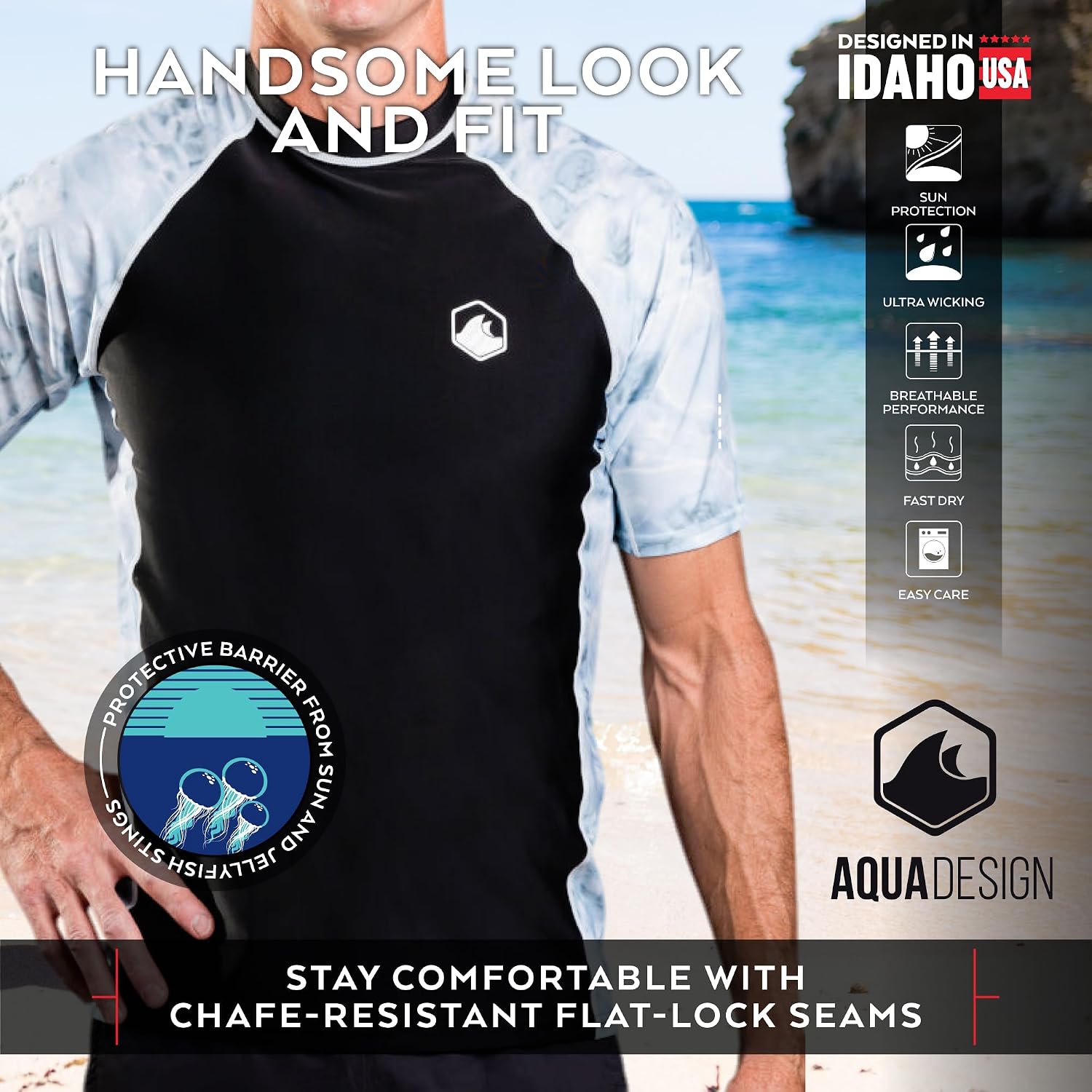 Aqua Design Mens Short Sleeve Rash Guard Shirt: Surf Swim Rashguard Shirts