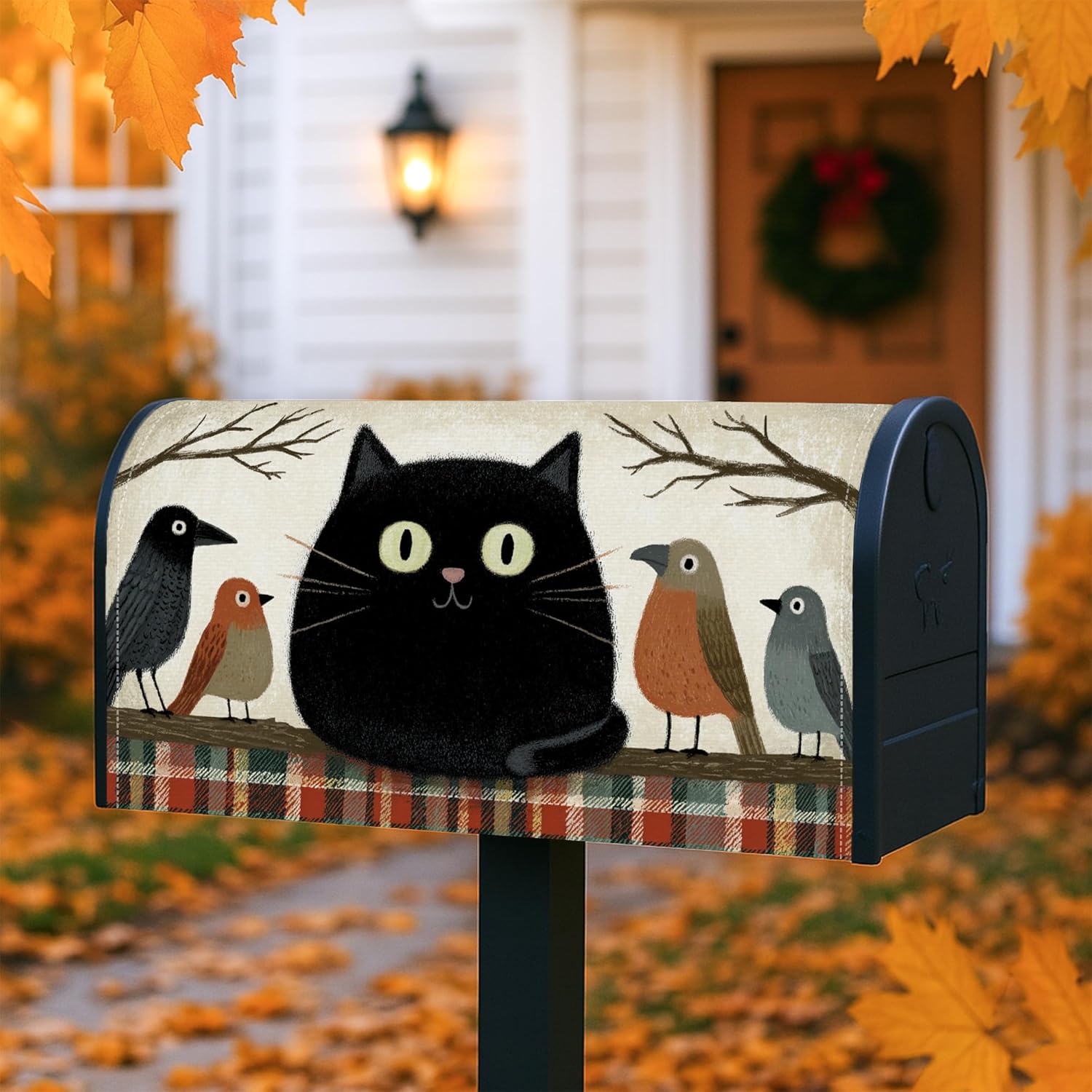 Cat Magnetic Mailbox Covers, Fanciful Rustic Birds Trees Fall Black Mailbox Covers for Outside for Outside Yard Decor 21x25.5 Inch