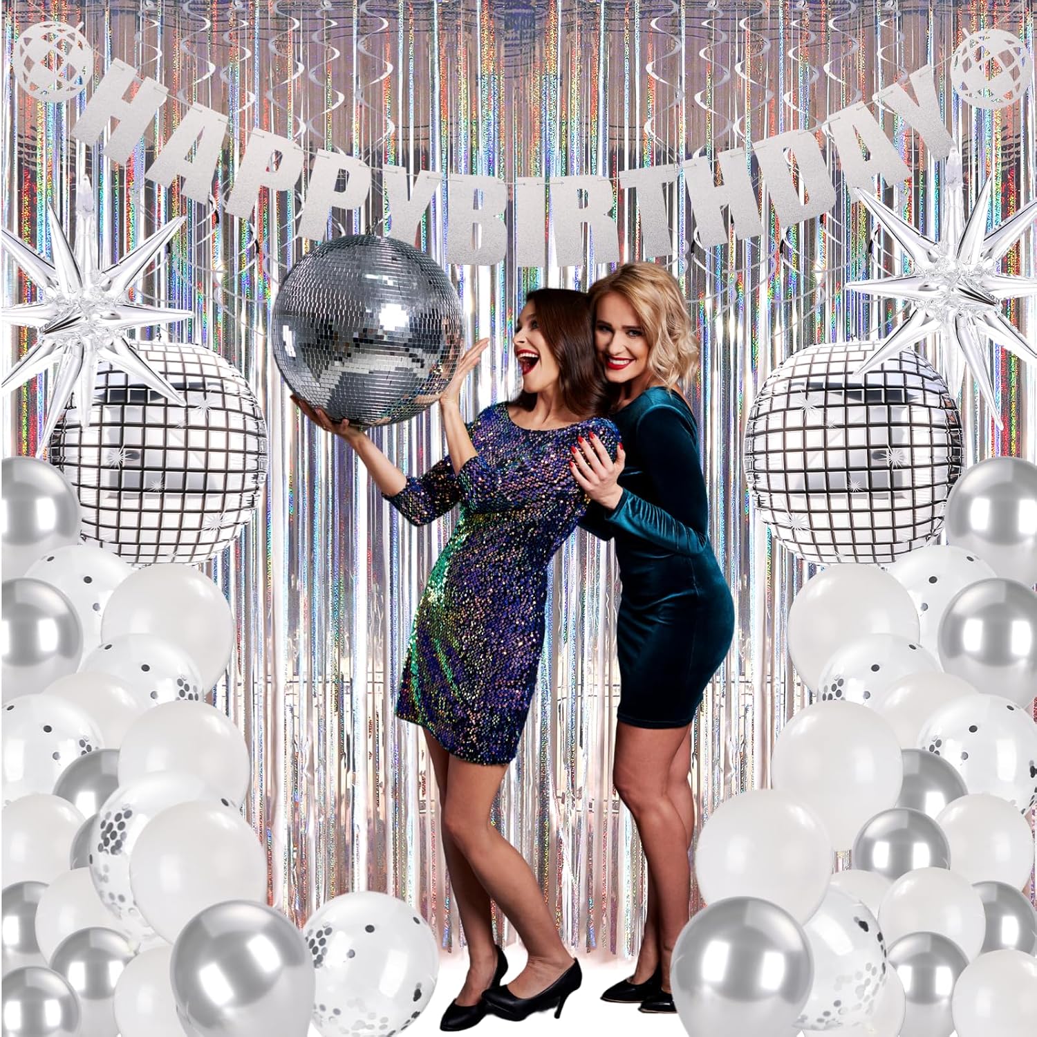 55Pcs Disco Party Decorations Streamers Balloons Banners 60s 70s 80s Disco Birthday Party Decorations 3.3x6.6 Ft Silver Tinsel Foil Fringe Curtains Photo Backdrop for Disco Party Supplies - Image 7