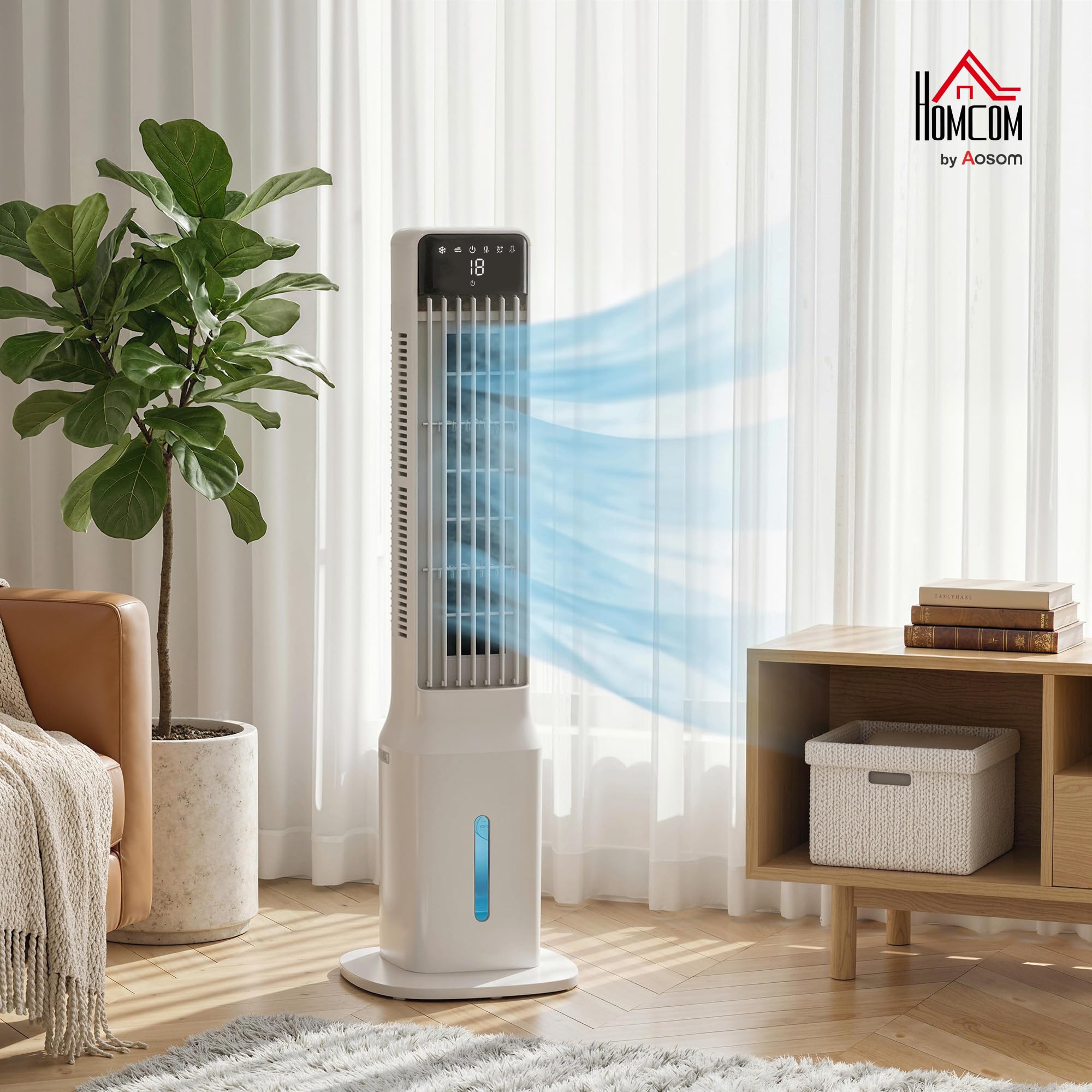 HOMCOM Climatizador Evaporativo de Torre 3 en 1, Enfriador de Aire Portátil con Depósito de 9 L, Oscilación 48°, 3 Velocidades, 3 Modos, Temporizador 24h y Mando a Distancia, 4 Acumuladores de Frío