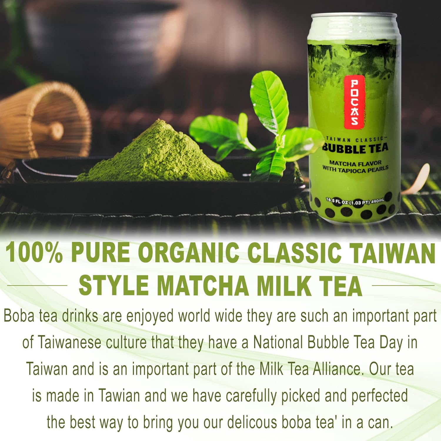POCAS BUBBLE TEA, Classic Taiwan Style Milk Tea with Tapioca Pearls. Ready to serve boba tea, World’s best tasting Boba Tea.16.5FL OZ (Matcha, 12)