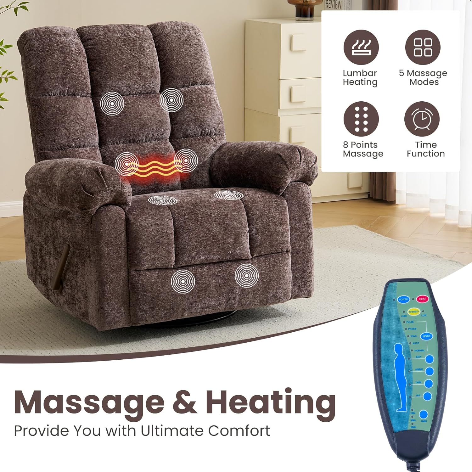 Oversized Swivel Rocker Recliner with Massage and Heat, Overstuffed Rocking Chair with High Back, Manual Rocker Recliner for Adults & Big Man, Comfy Soft Recliner Chair, Coffee Chenille