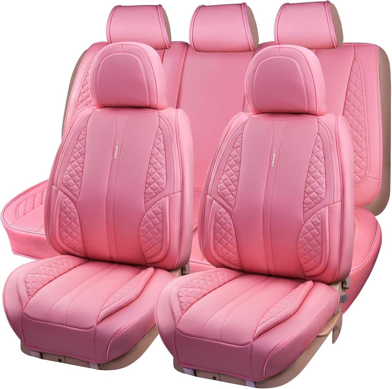 CAR PASS Nappa Pink PU Leather Car Seat Covers Full Set