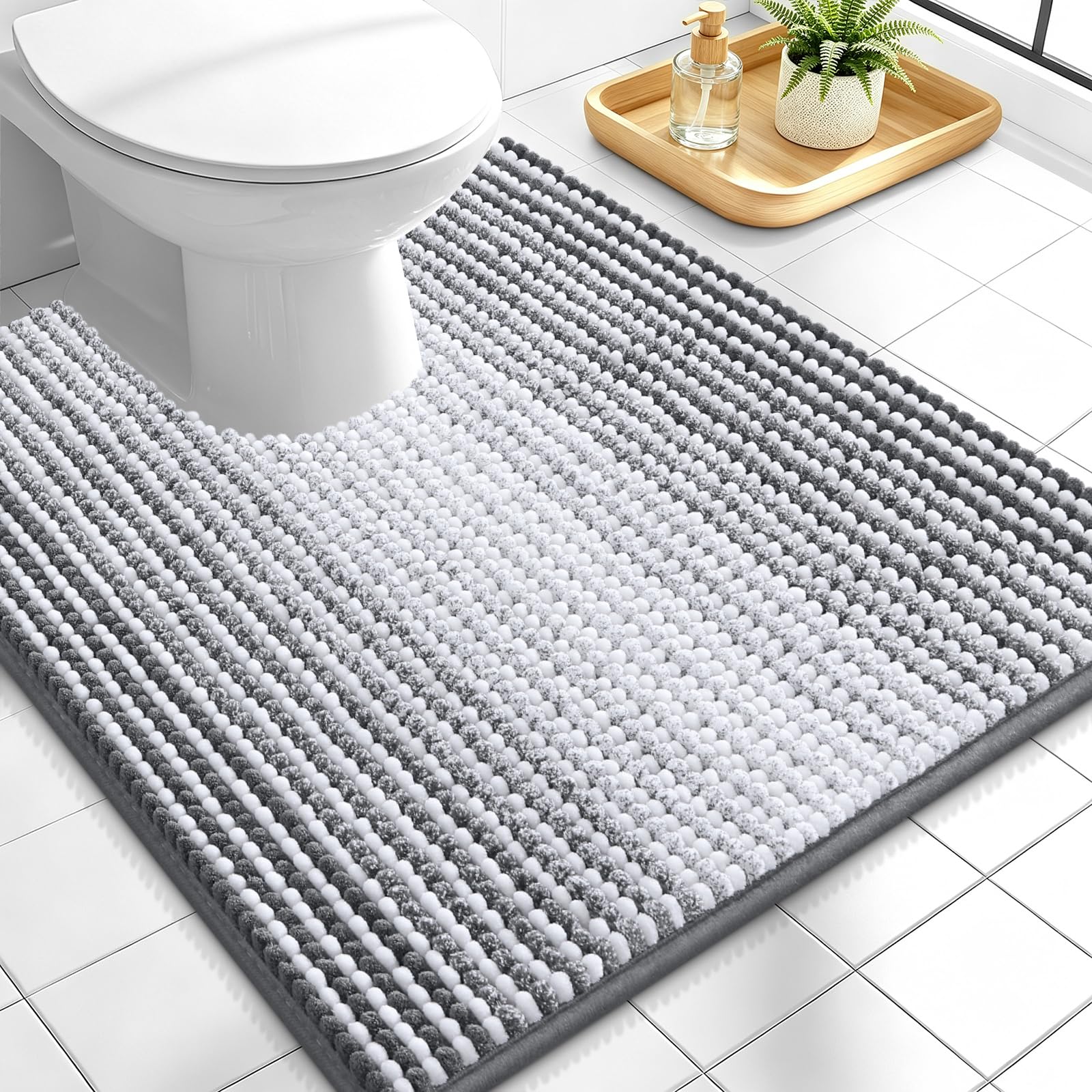 OLANLY Toilet Rugs U-Shaped 24x20, Soft Chenille Contour Bath Mat, Grey