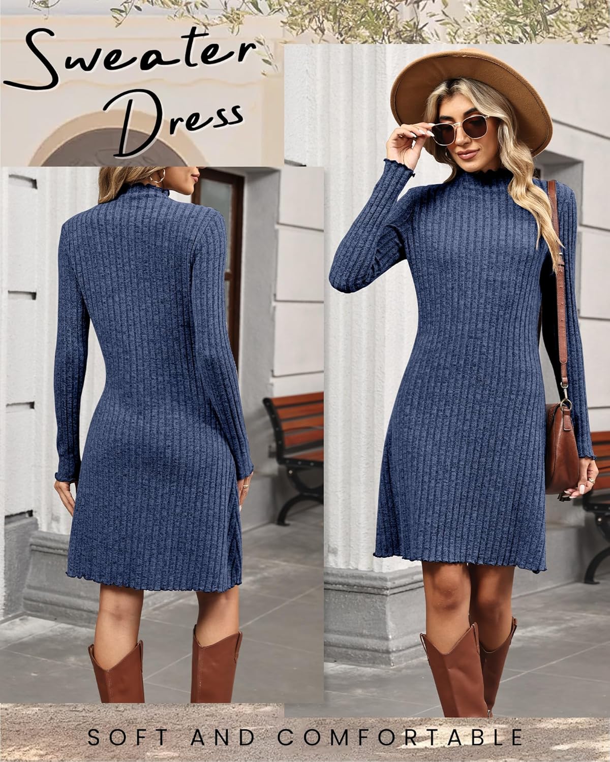 Women's Knit Long Sleeve Sweater Dress Lettuce Trim Mock Neck Tunic Dress Fall Winter Casual Trendy Outfits - Image 6