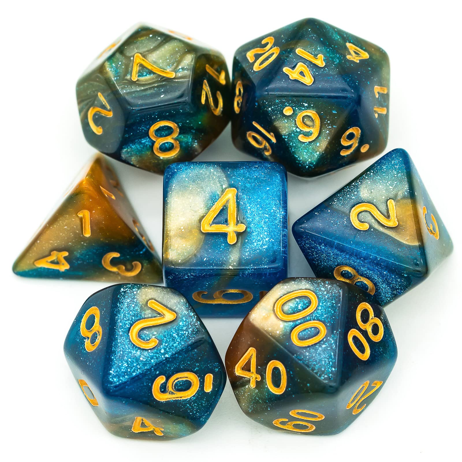 Lot de 7 dés DND polyédriques avec sac à dés en cuir, jeu de dés D&D pour Donjons et Dragons, jeux de table (bleu/jaune/pailleté)