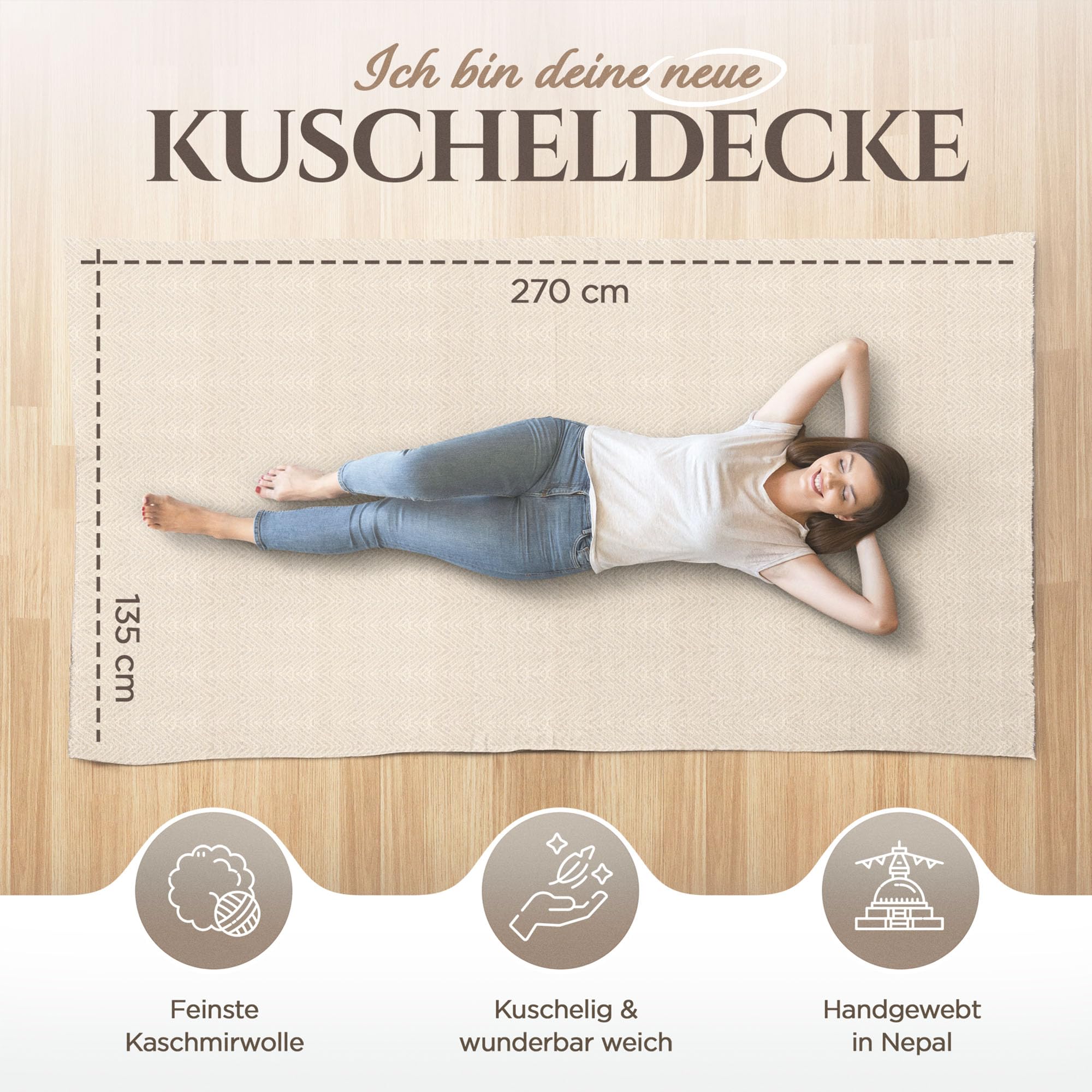 Kaschmirdecke – handgewebte Sofaüberwurf Decke aus 100% Kaschmirwolle – 135 x 270 cm. Weiche und gemütliche Kuscheldecke mit Fischgrätenmuster für Couch und Stuhl – Hergestellt in Nepal