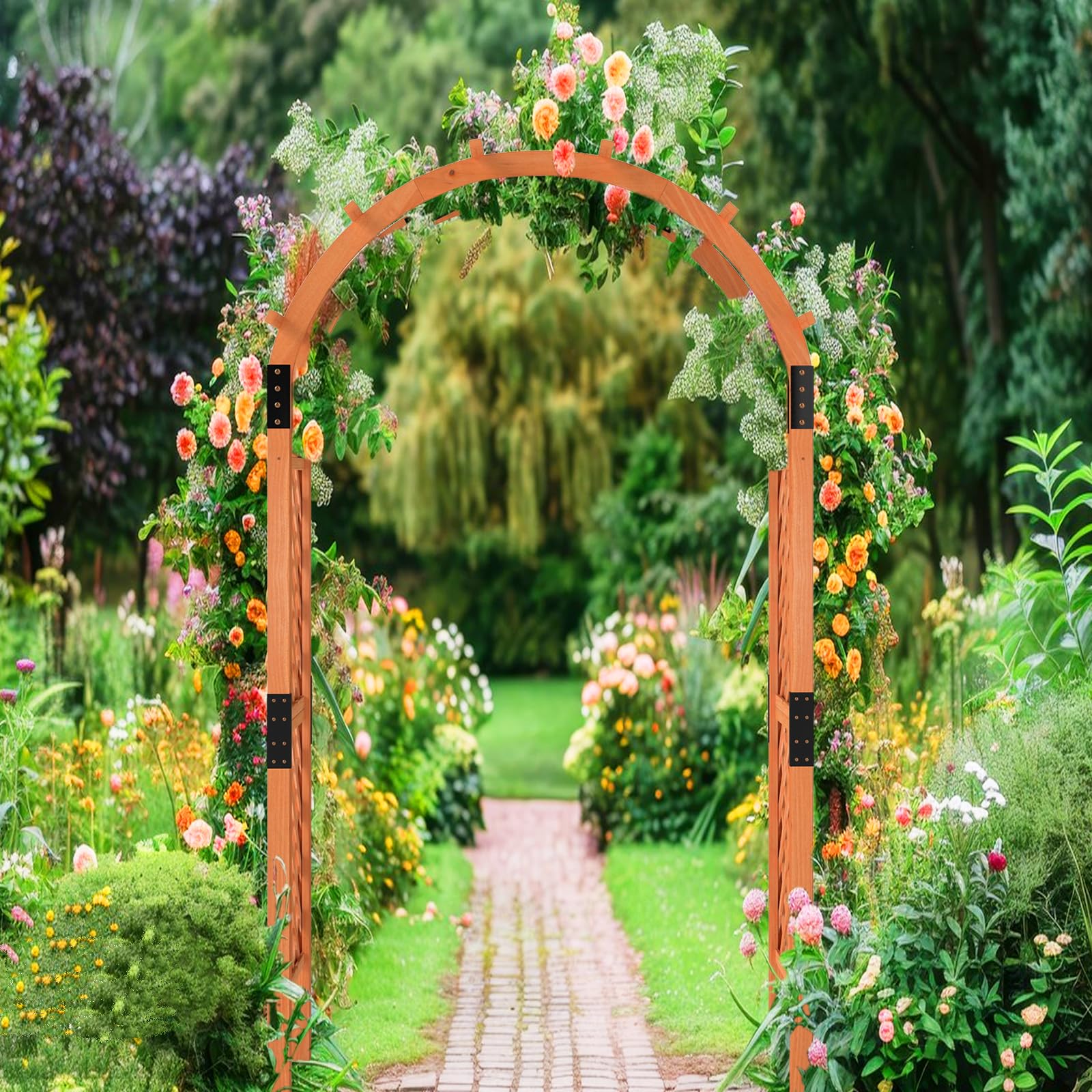 HOMASIS Arche de Jardin en Bois avec Treillis pour Plantes Grimpantes