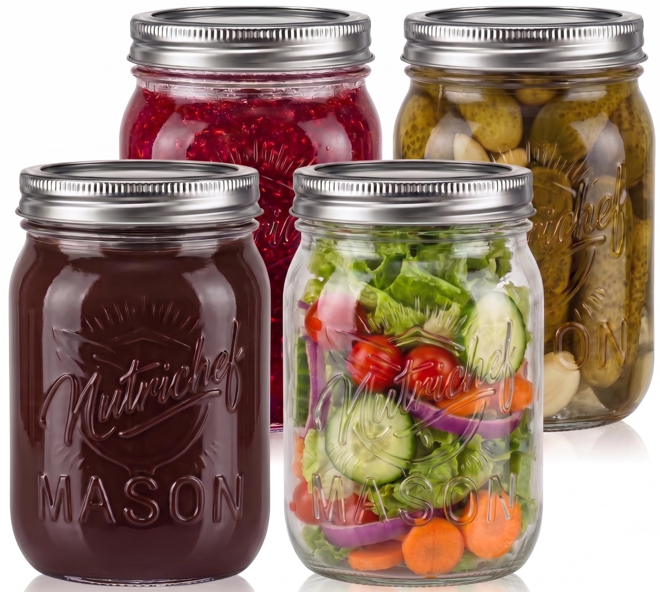 Nutrichef Glass Jars With Lids – 4 Pack 450 ml Mason Jars, Thick Glass Leakproof Storage for Overnight Oats, Yogurt, Jam, Honey, Pickling and Food Prep