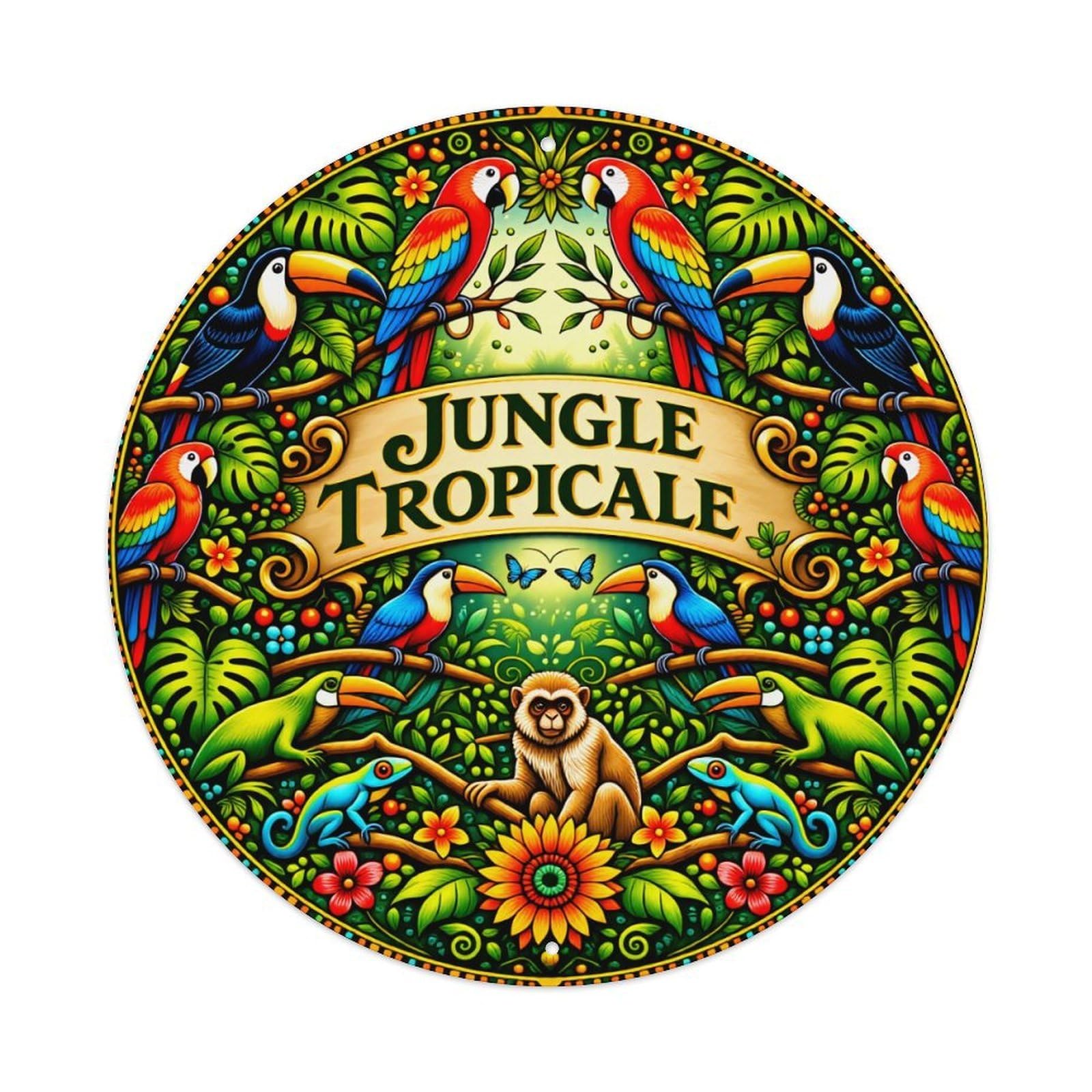Wmlzdnwr Vintage Jungle Tropical Animals Birds Flowers Monkey Lizard Toucan Parrot Round Tin Sign,Retro Wall Art,Metal Poster For Home, Bar, Garage, Cafe, Rustic Indoor & Outdoor Decor, 8X8 Inches