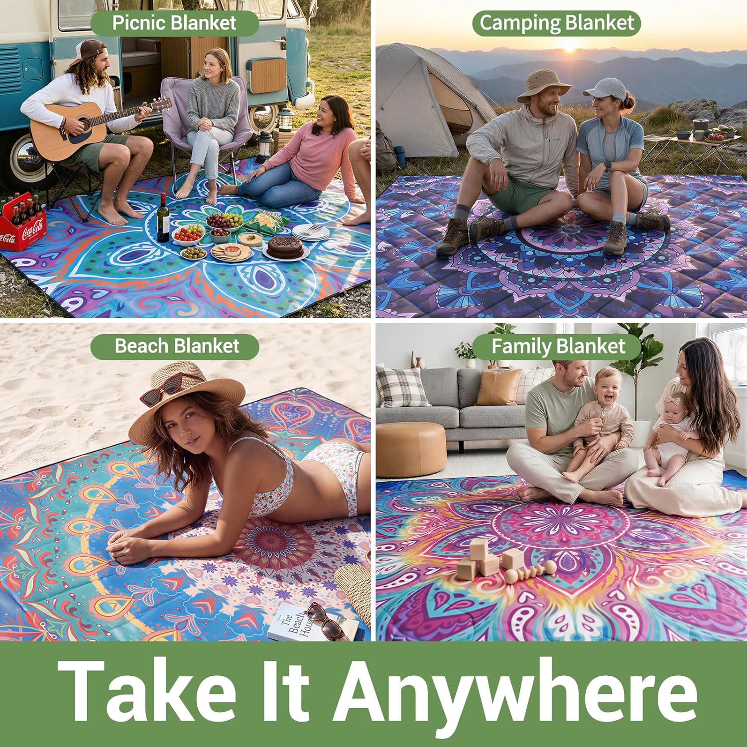 60x80" Large Picnic Blankets Waterproof Outdoor Portable Beach Blanket Weatherproof Patios Grass Park Lawn Tent Ground Mat Summer Camping Rv Supplies Car Travel Hiking Family Must Haves Gifts