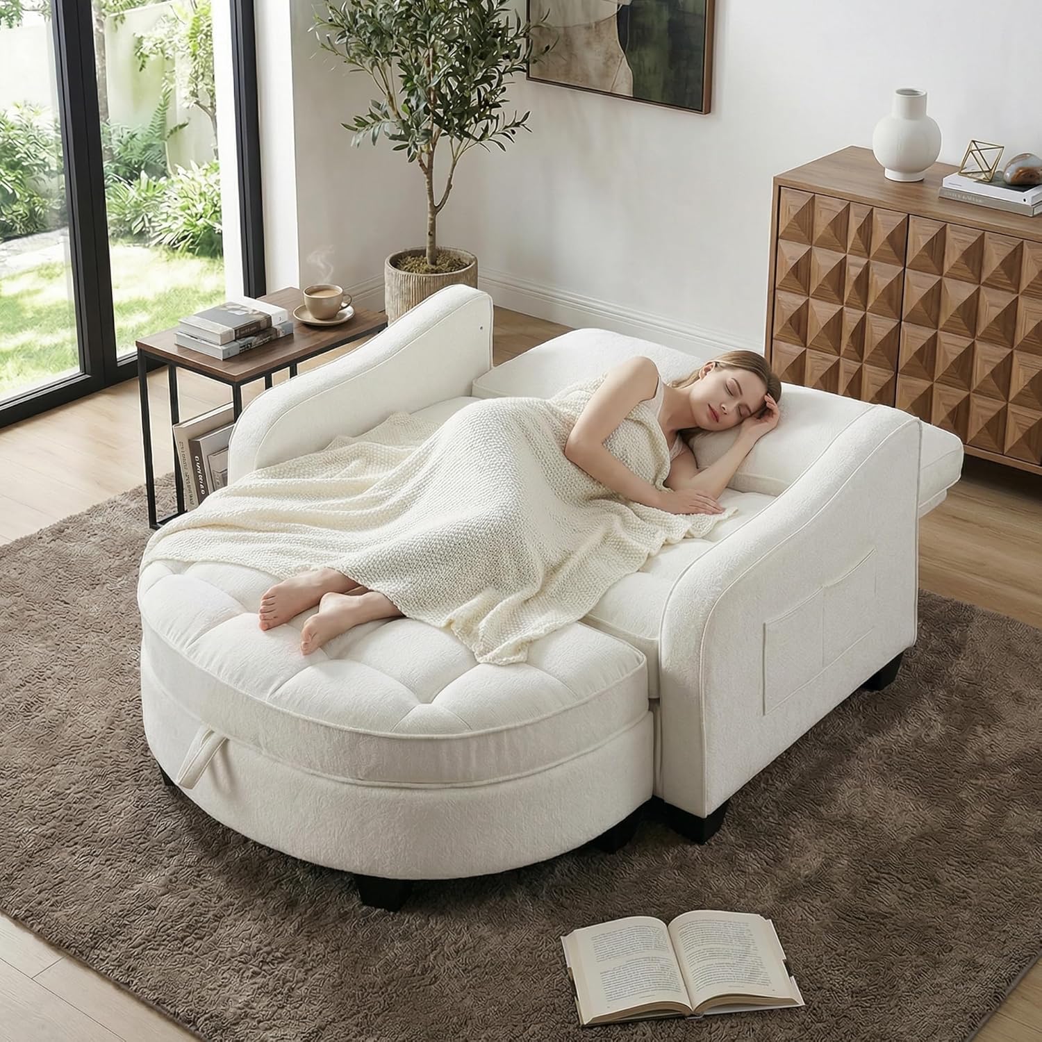 Oversized Chaise Lounge Chair Indoor with Storage Ottoman, Cloud Boneless Reading Recliner Chair with Adjustable Backrest, Soft Chenille Circle Couch for Living Room, Apartroom,Bedroom (Beige, 51"W)