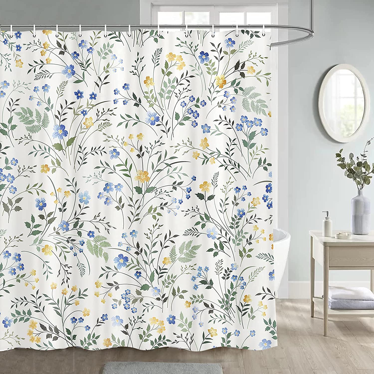 JAWO Spring Shower Curtain, Sage Green Eucalyptus Leaves Shower Curtains, Watercolor Floral Flower Butterfly Bathroom Accessory Set, Modern Aesthetic