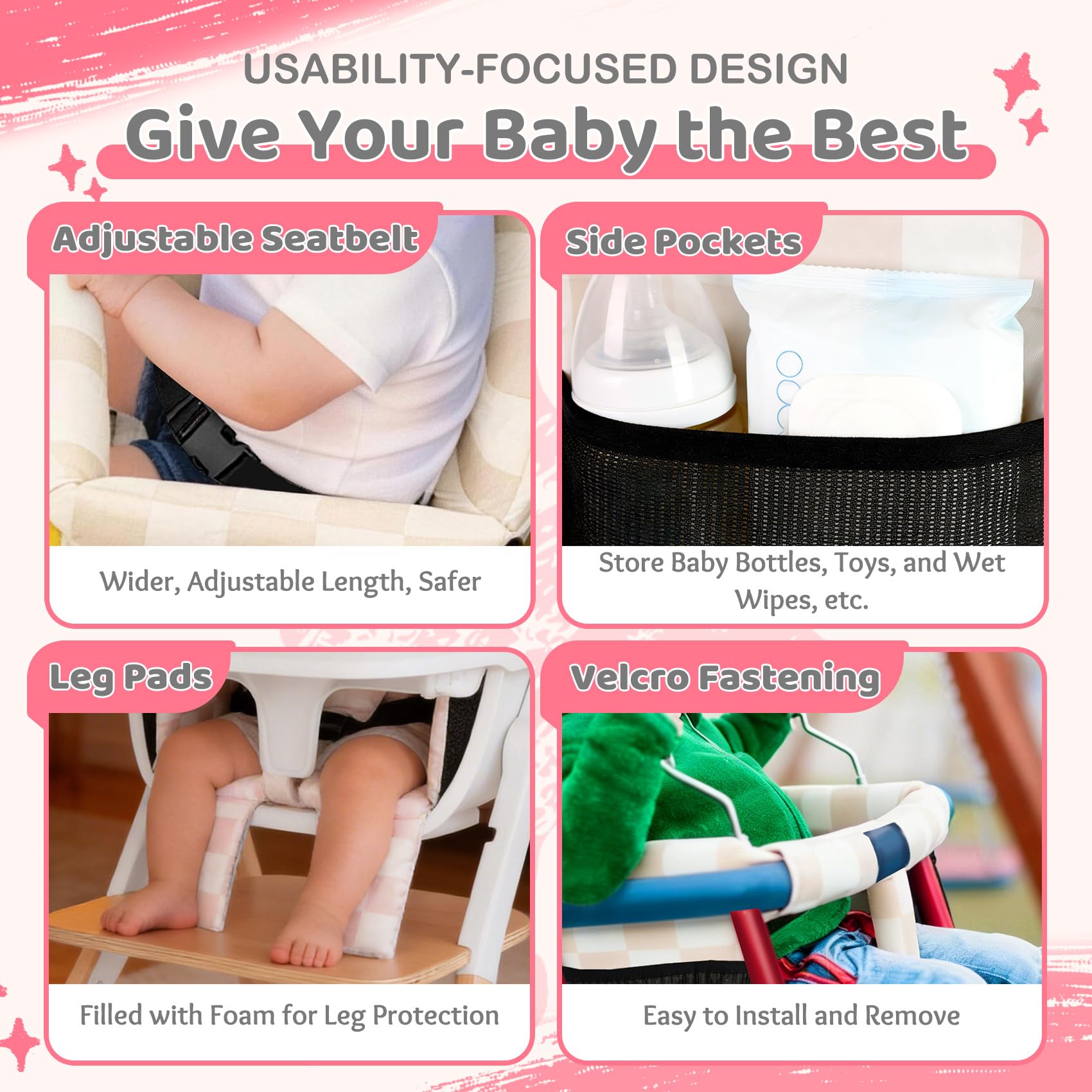 Portable Baby Shopping Cart Seat, High Chair Cover for Outdoor, One-Hand Installation Cart Seat Cover, Comfortable and Supportive Foam-Padded, Grocery Cart Baby Seat – Pink Checkered - 4