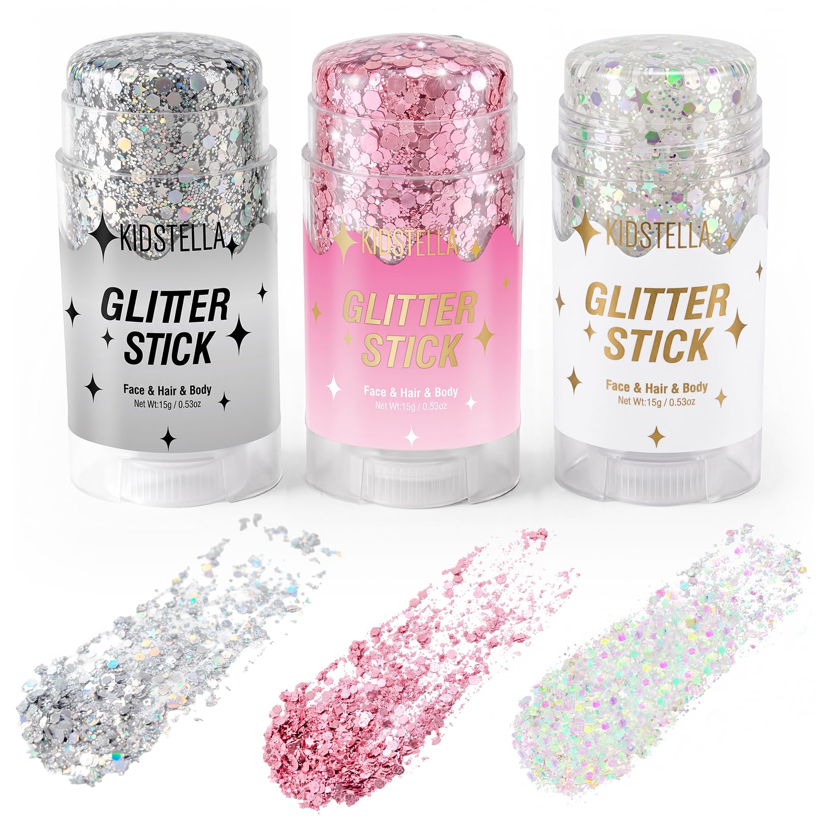 Kidstella Body Face & Hair Glitter Stick, Chunky Pink Silver White Glitter | Hair Glitter…