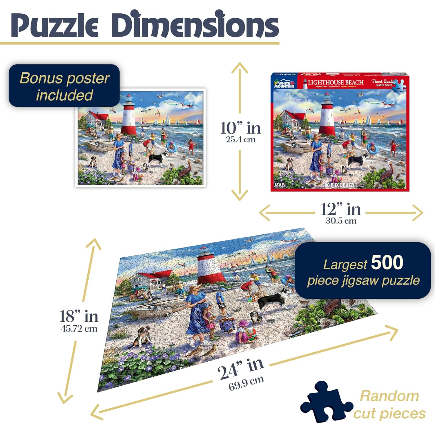 White Mountain 500 Piece Jigsaw Puzzle Summer Sailboat Ocean Puzzles with Large Pieces Gift for Adults and Seniors 18"x24" - Lighthouse Beach