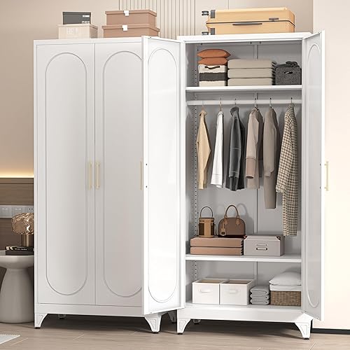 Miniatura 8 de Armario de metal, armario con barra para colgar, armario de almacenamiento de ropa con estantes y puertas ajustables, armario de ropa para