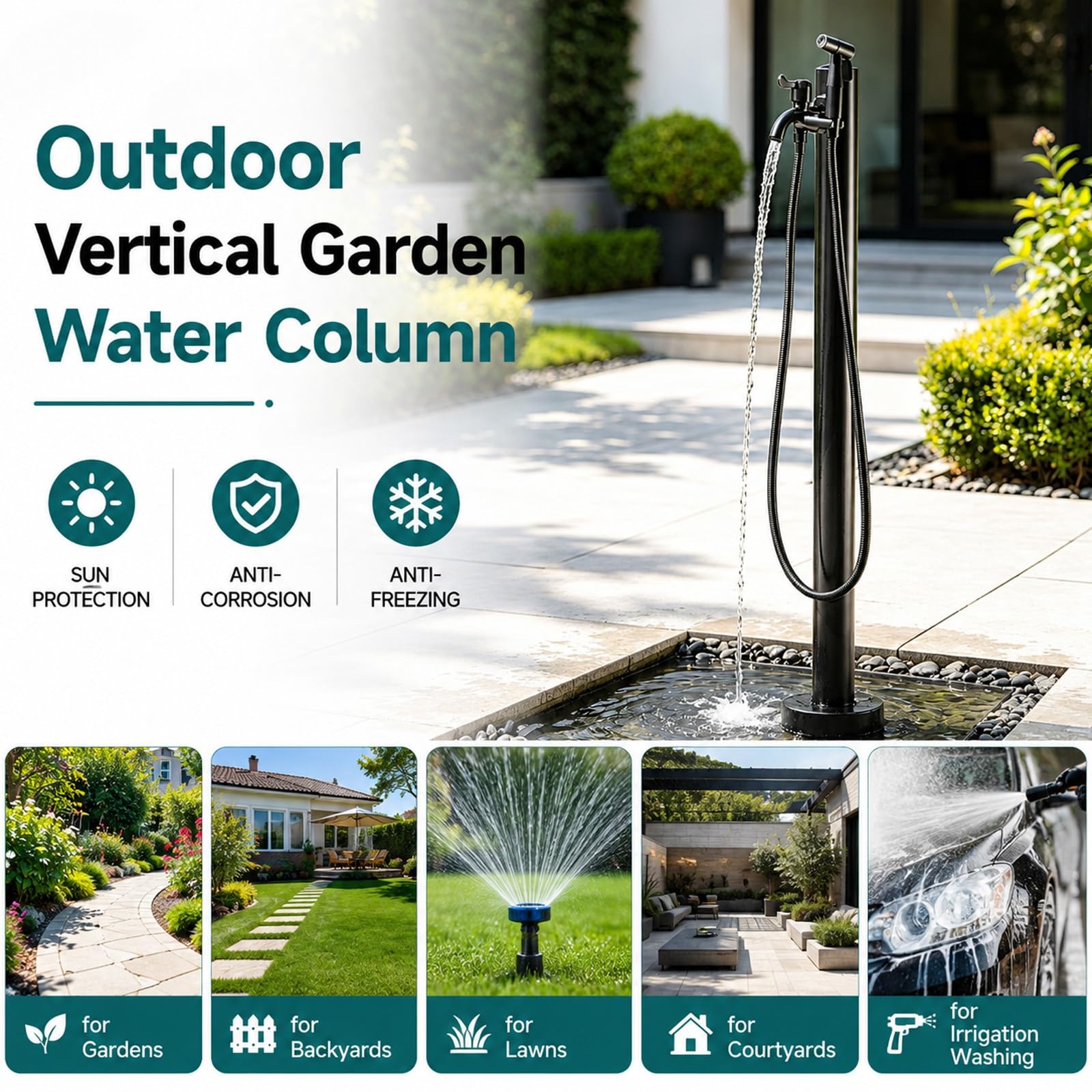 Colonna d'acqua verticale da giardino in acciaio inox con rubinetto e pistola a spruzzo, prolunga resistente al gelo per giardini, cortili, prati, terrazze, irrigazione e pulizia (60 cm / 23.6 in)