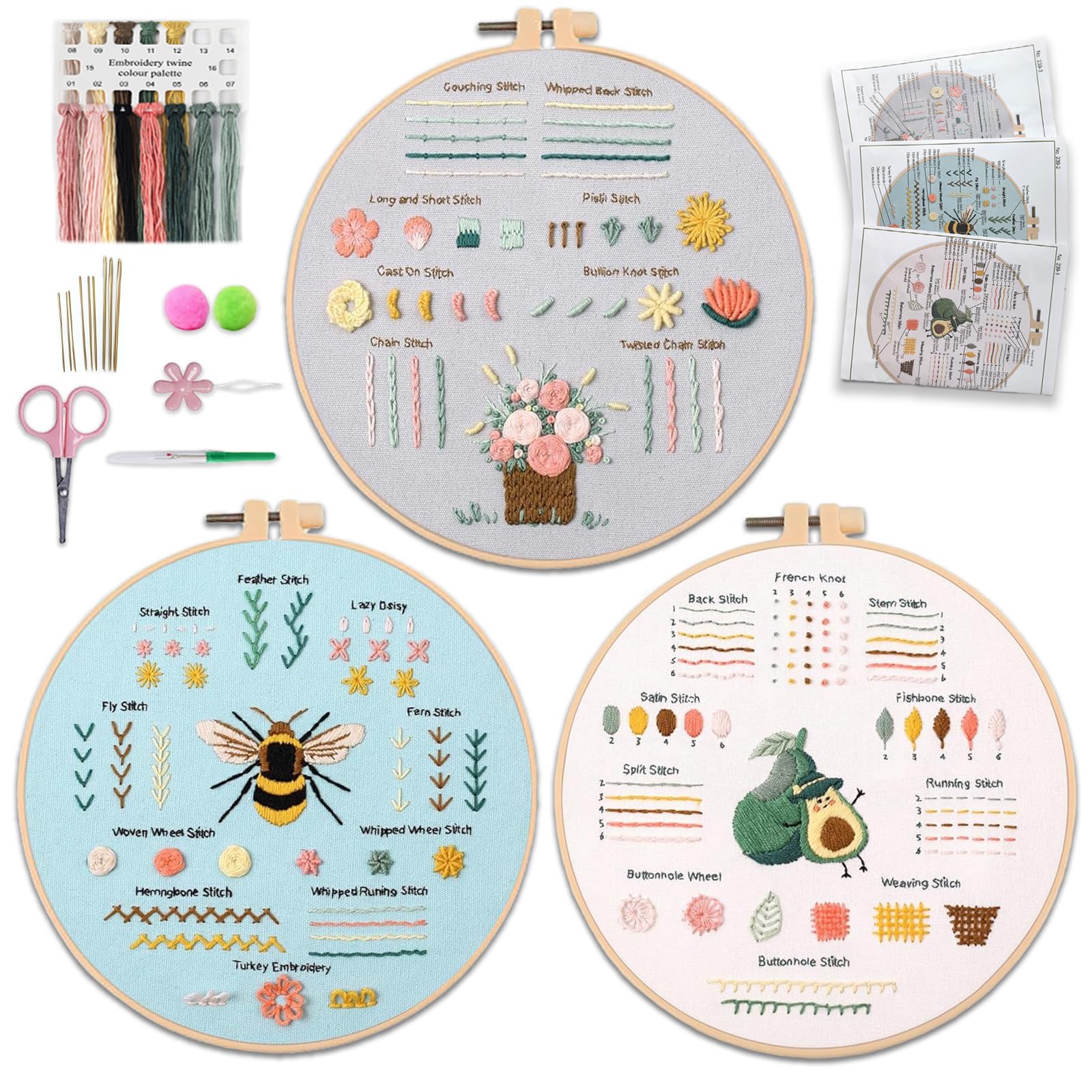 Aucuu 3 Sets of Hand Embroidery Starter Kits, Embroidery Kits for Beginners, 28 Different Stitches, Includes Including Fabric with Prints,Threads,Needles,Hoop,Paper Instructionsand and Video tutorials