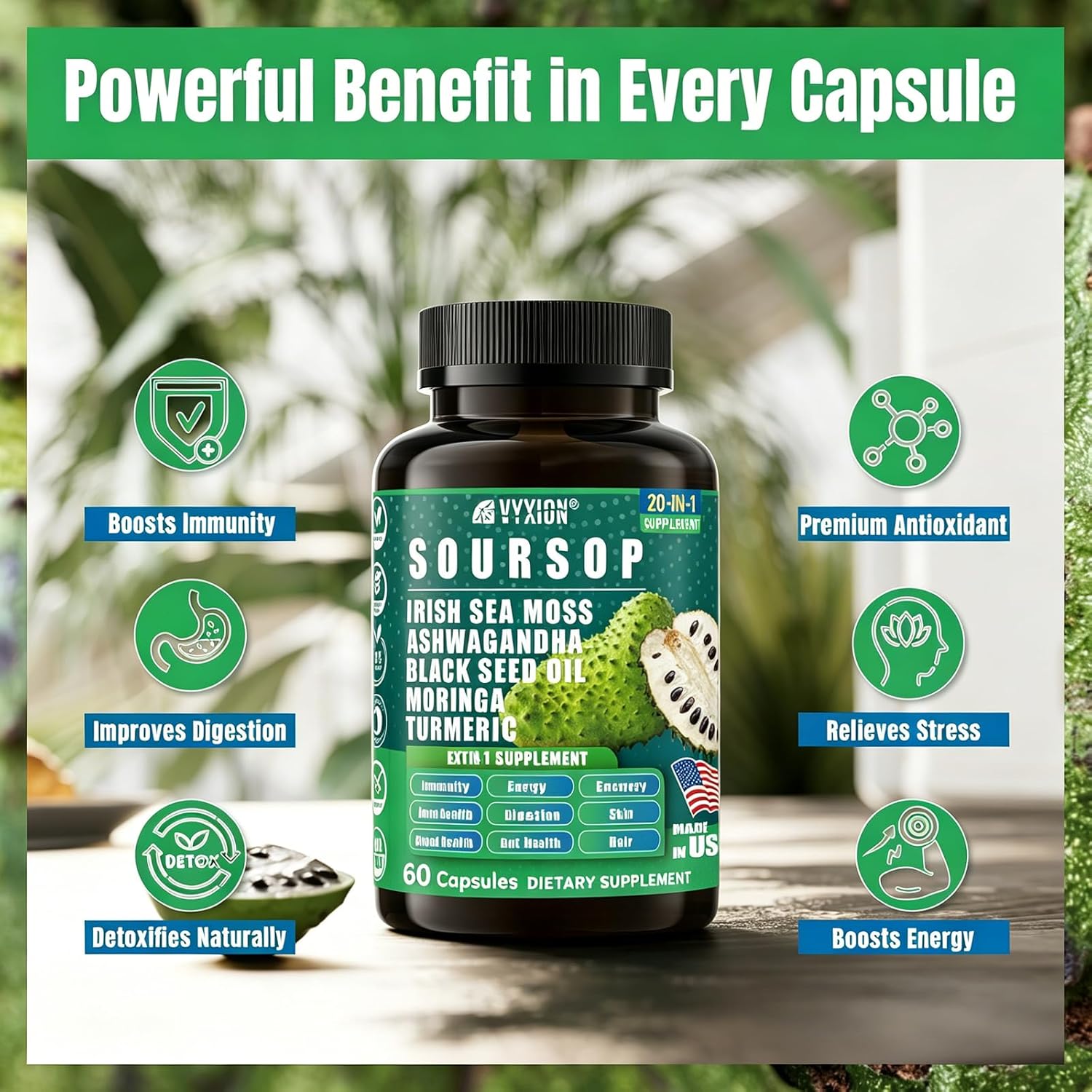 Soursop Graviola Supplement with Sea Moss, Moringa, Turmeric, Black Seed Oil, Oregano, Ashwagandha | 20-in-One Herbal extracts for Overall Health-Enhancing | Vegan, Non-GMO | 60 Capsules