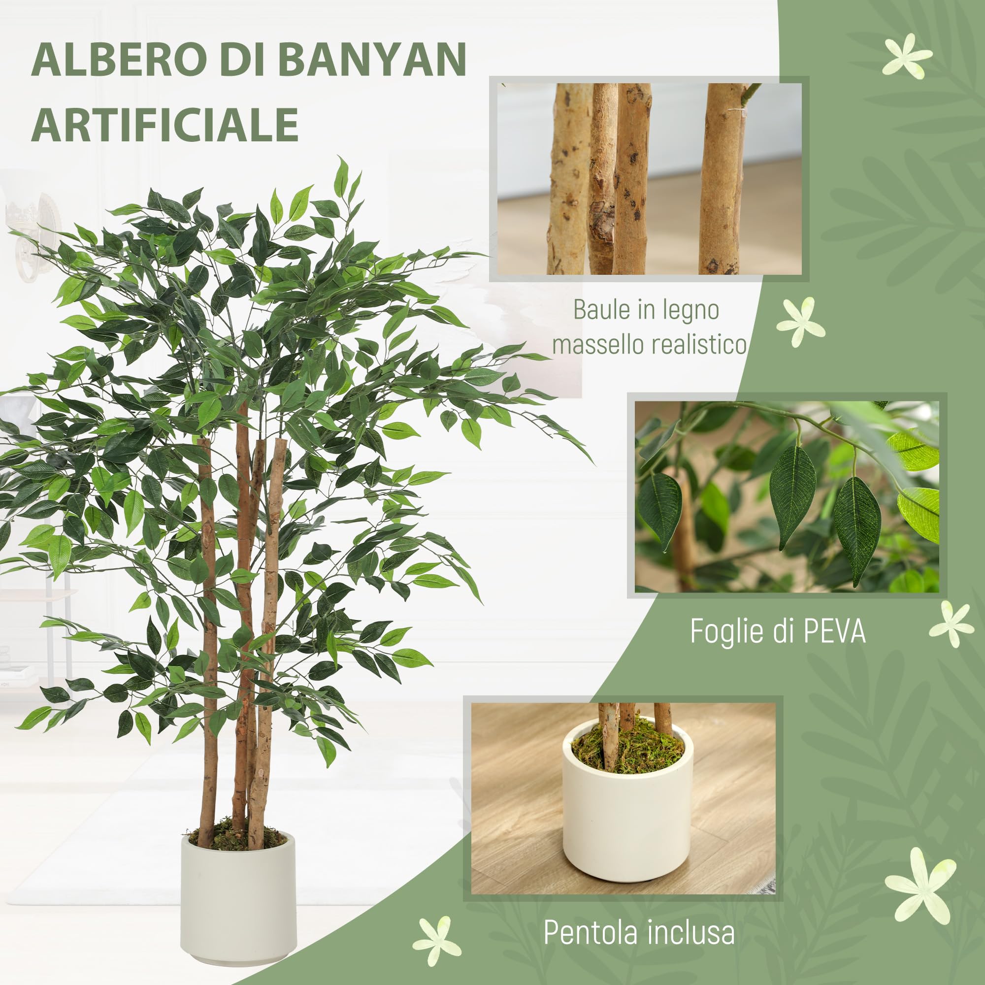 HOMCOM Pianta Artificiale di Baniano con Rami Orientabili e Vaso Contenitore Bianco in PP e Cemento, Pianta Verde in PEVA e Legno, per Interno, Ufficio, Soggiorno, Camera da Letto, 55x55x120 cm