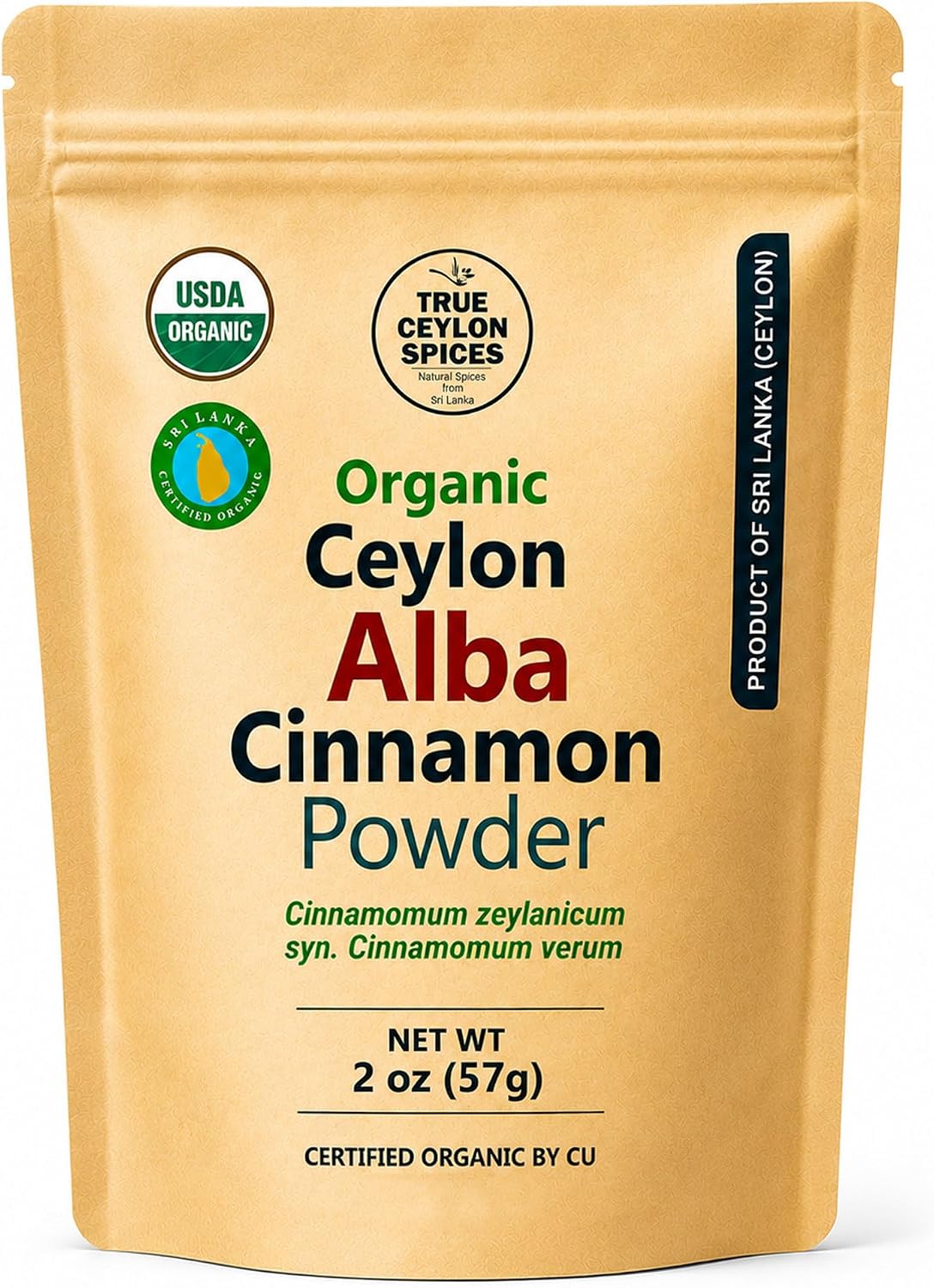 Certified Organic Ceylon Alba Cinnamon Powder Directly from a Sri Lankan Grower, Packet - 57g (2.0 oz), Light Brown Sifted Fine Powder, Uppermost Grade of Ceylon Ground Cinnamon