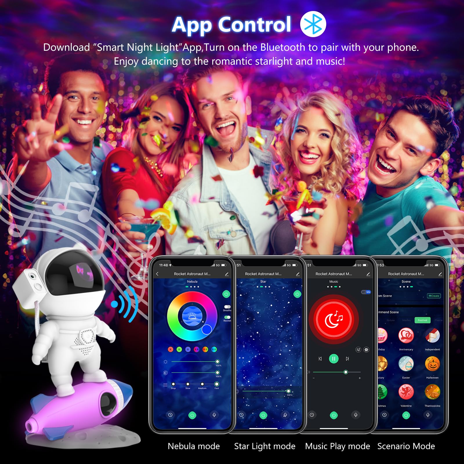 Astronaut Sternenhimmel Projektor, LED Sternenprojektor Nebula Explorer, Sternenhimmel Projektor Kinder mit Bluetooth Lautsprecher,Einstellbare Helligkeit und Geschwindigkeit 360° Rotation