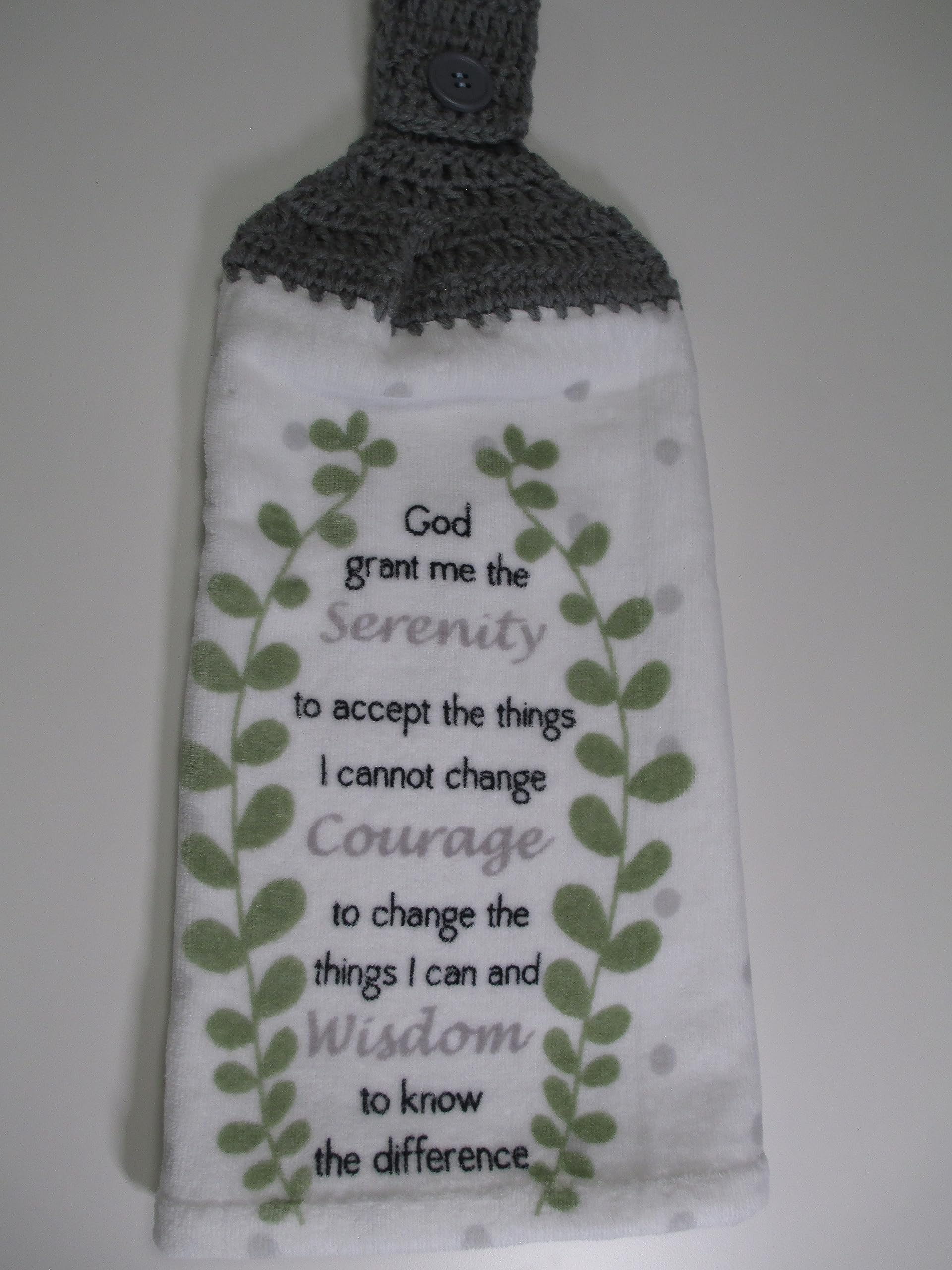 Crocheted FULL Towel Serenity Prayer Kitchen Towel with Dusty Grey Yarn