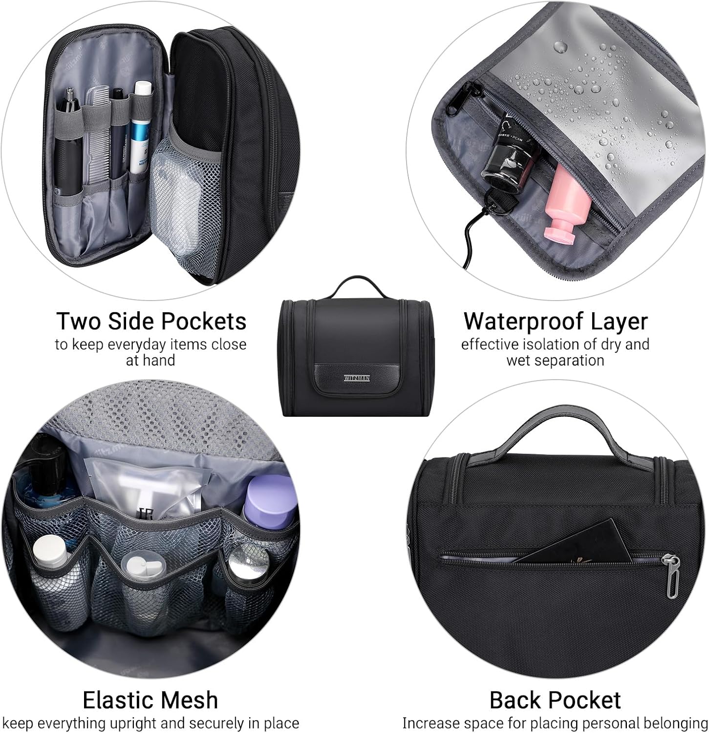WITZMAN Toiletry Bag for Men Women Large Hanging Multi-organization Bathroom Bag Water-resistant Dopp Kit Shaving Bag Men(B690 Black) - Image 5