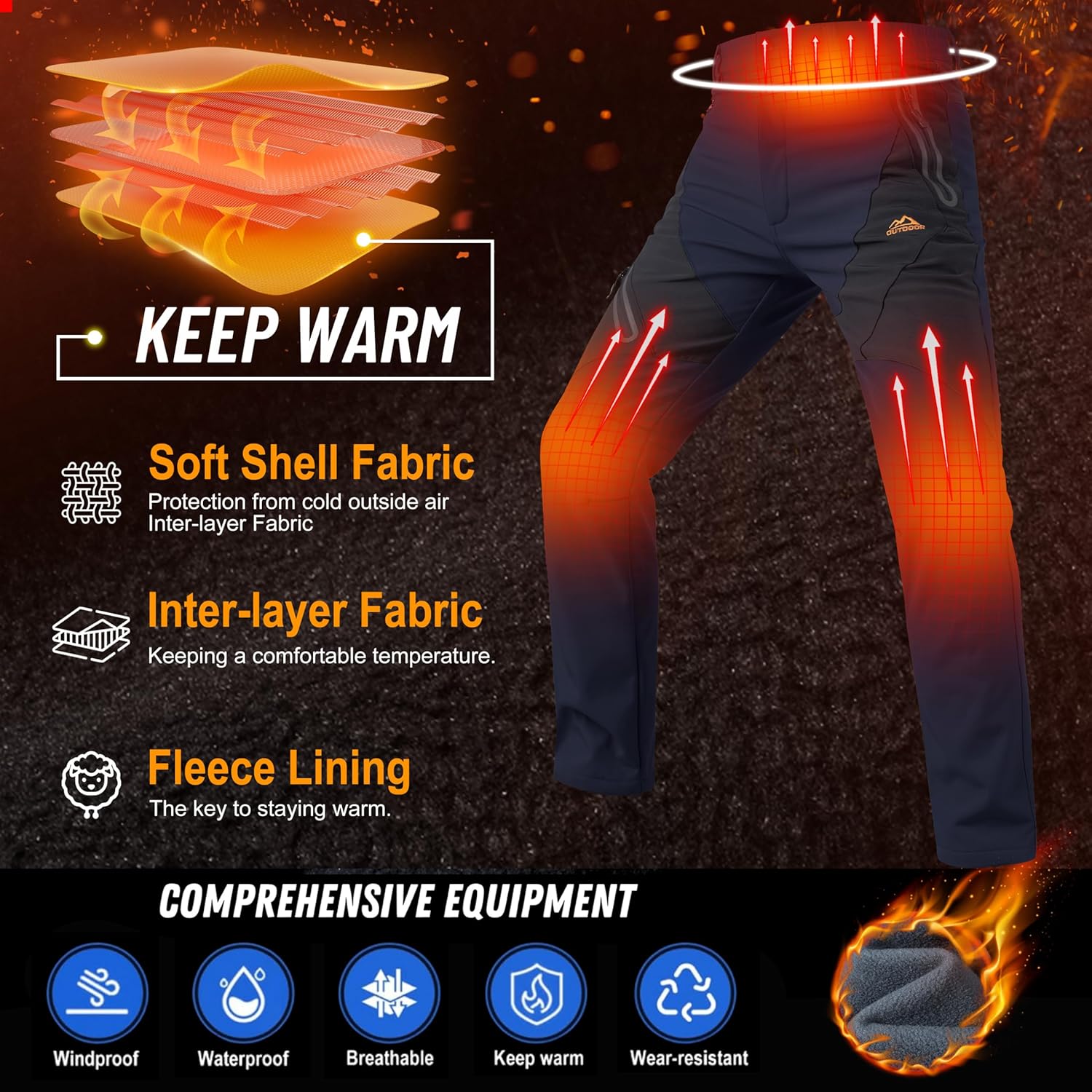 TACVASEN Men's Skiing Snow Pants Fleece Lined Waterproof Winter Insulated Hiking Pant for Outdoor Work Hunting Cargo - Image 4