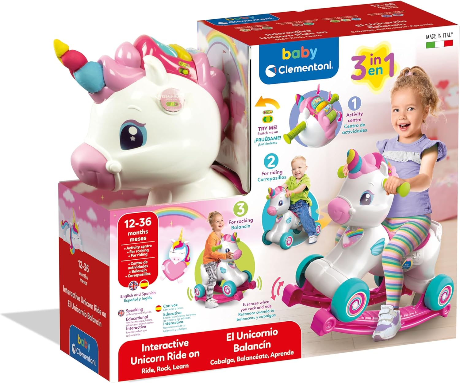 Clementoni- 3-in-1 Rocking Unicorn: Ride-on, Walker & Activity Toys with Music, Songs & Educational Content for Toddlers (12+ Months)