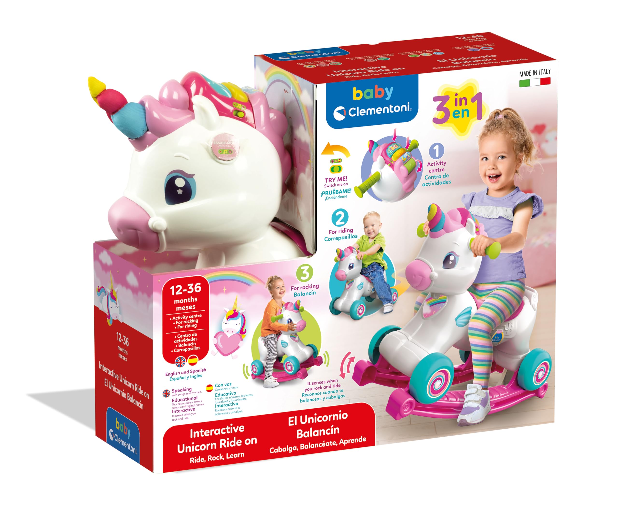 Clementoni 61555 La Licorne à Bascule avec Musique, Chiffres, Lettres, pour bébés à partir de 12 Mois