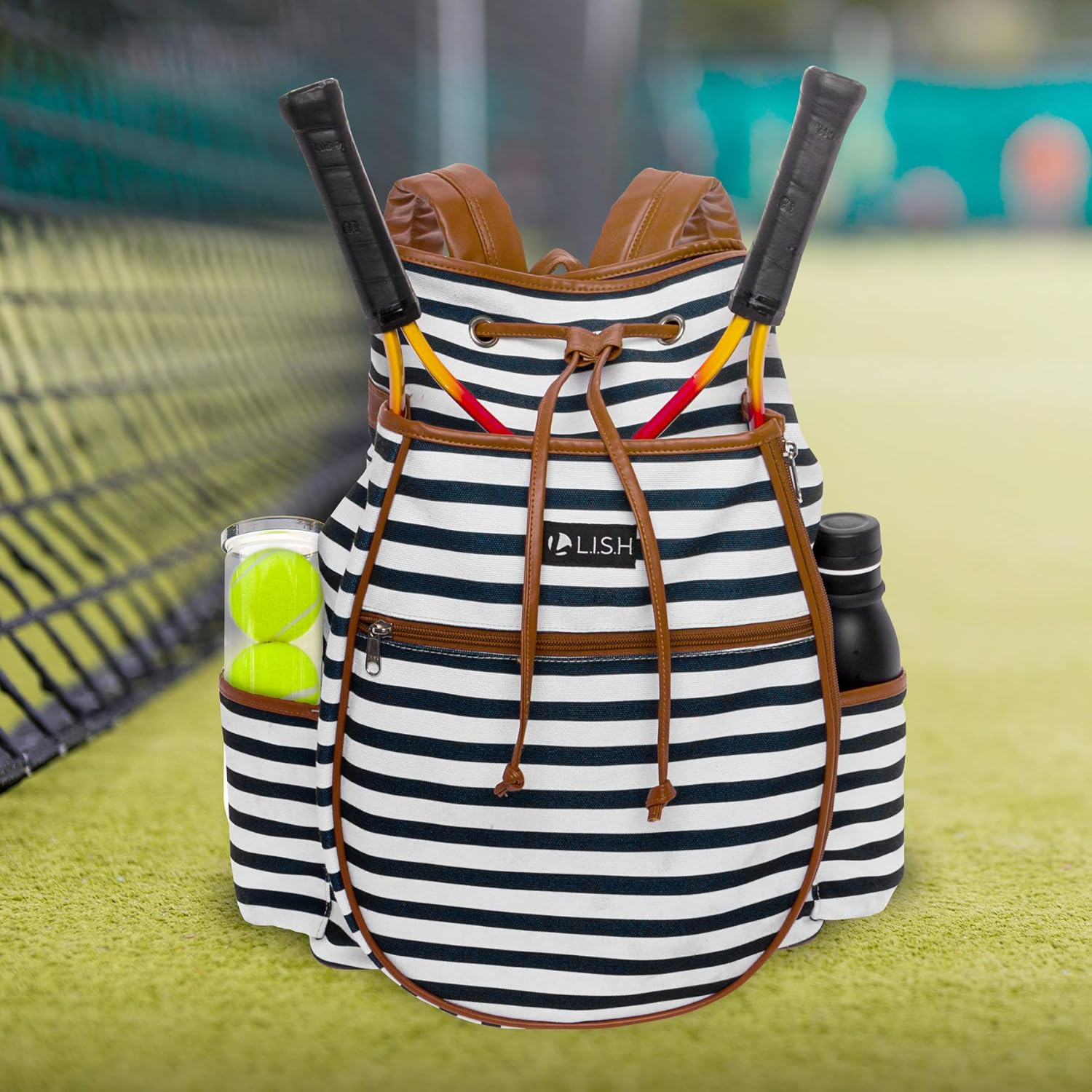LISH Down The Line Canvas Tennis Racket Backpack - Women's Striped Print Drawstring Racquet Holder Bag (Black Stripe) : Sports & Outdoors