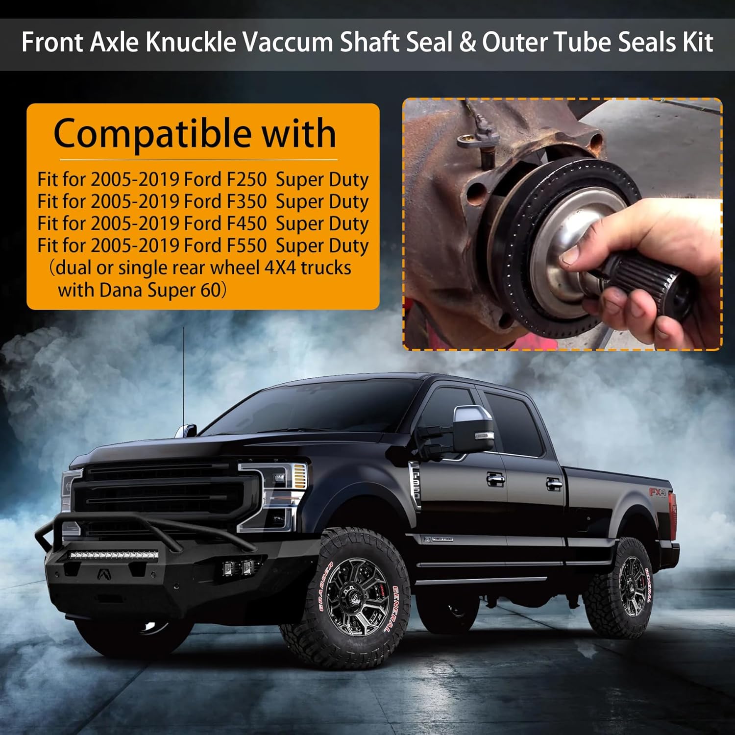 Front Axle Knuckle Vacuum Seals & Tube Dust Seals Kit & Hub O-Rings Fits for Ford Super Duty 2005-2019 F250 F350 F450 F550 With Dana Super 60, Replacement for part #2017426, 2014835, 54983